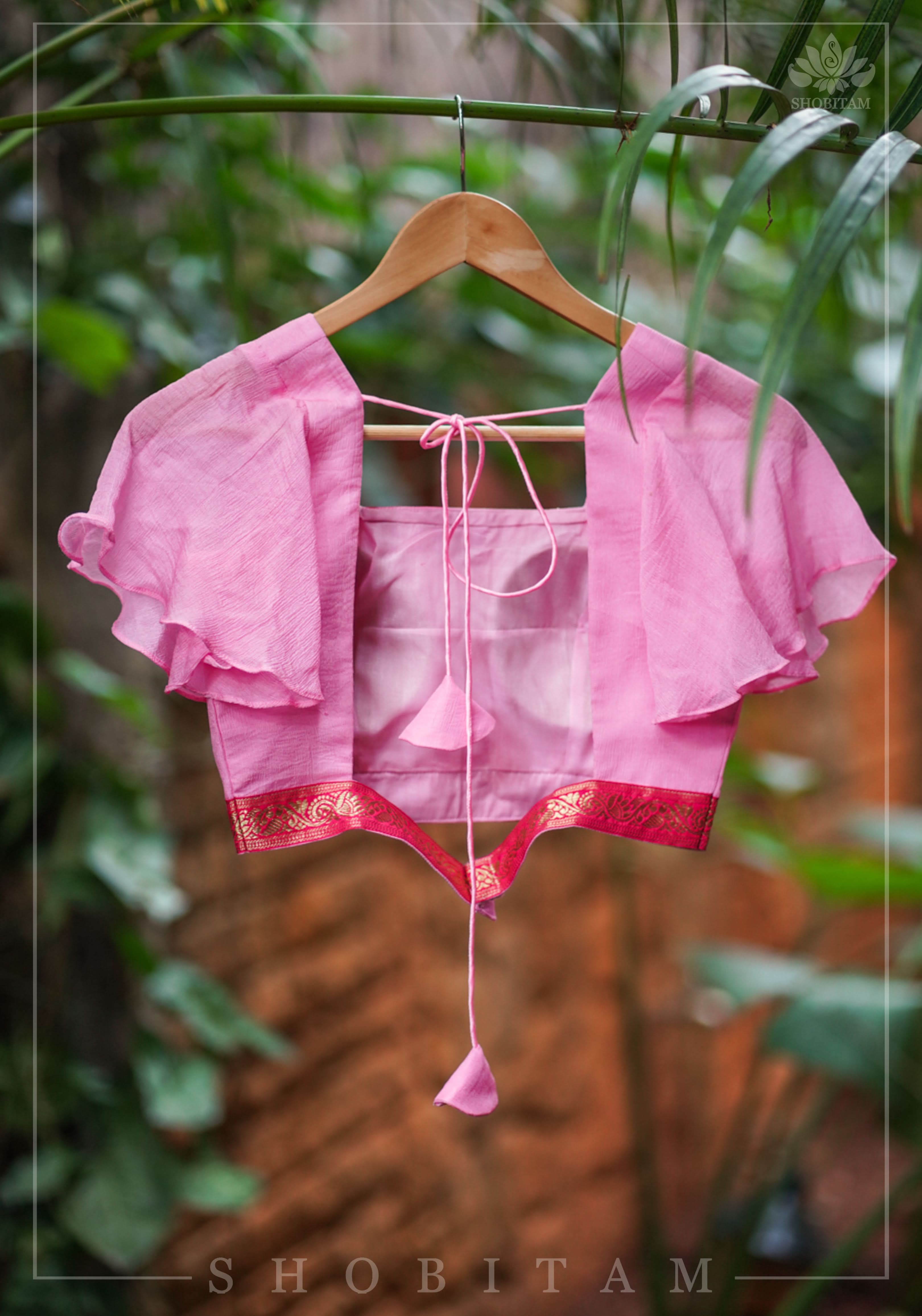 Pink Ruffle Sleeves Blouse in Chiffon with Zari detailing | Shobitam