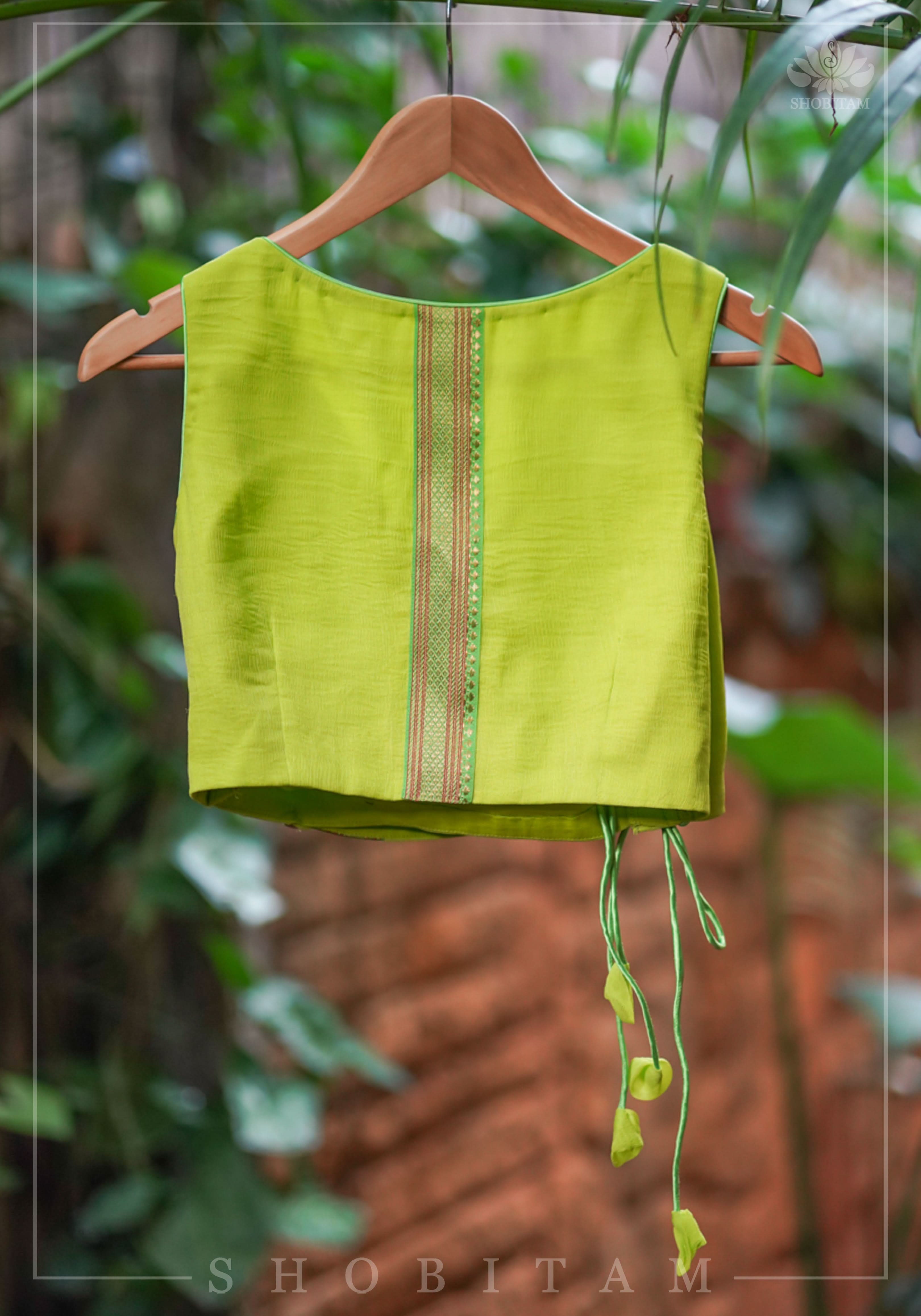 Lime Green Chiffon Crossover Blouse with Zari Detailing | Shobitam