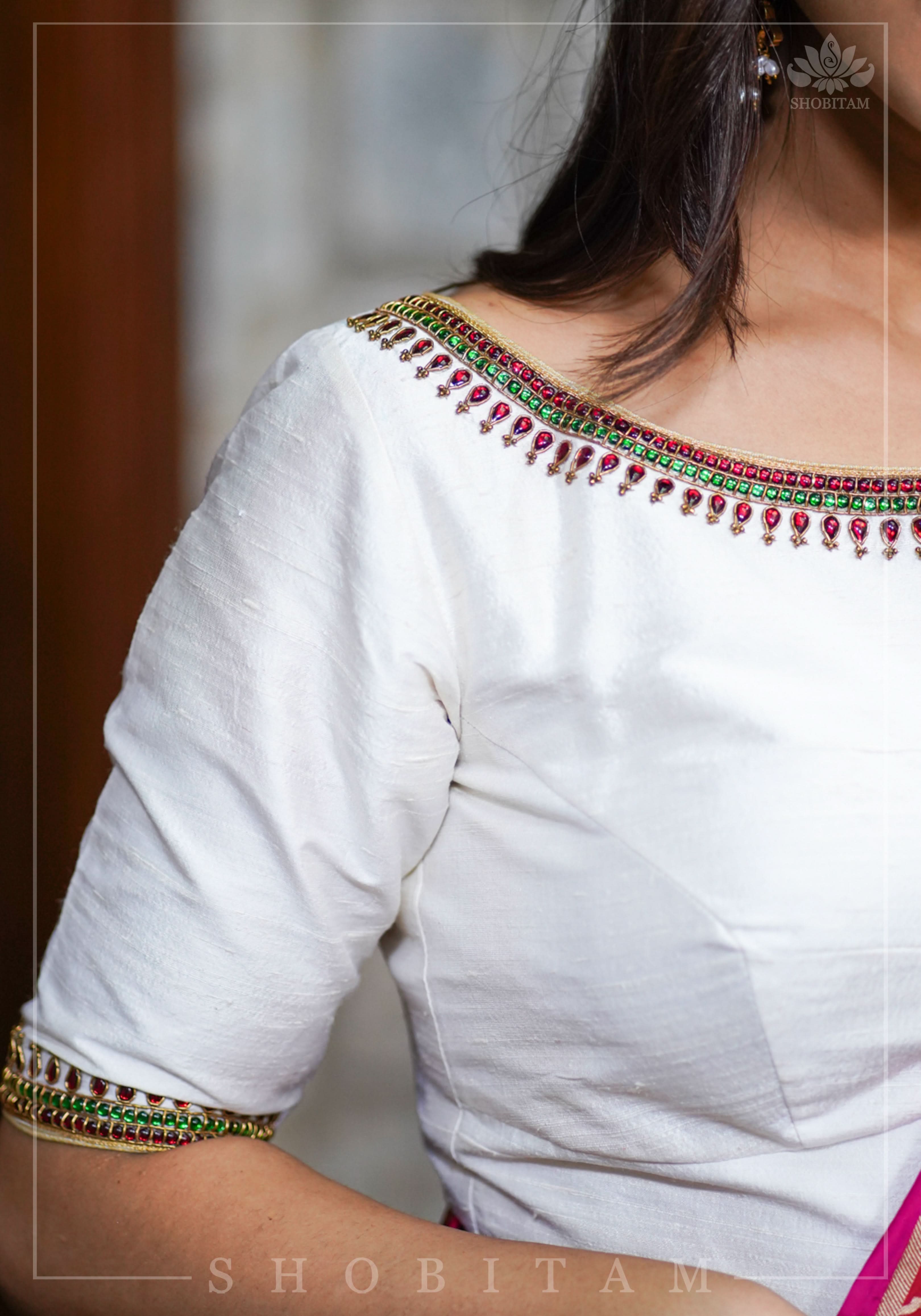 Ivory Pure Raw Silk Blouse with Kemp work detailing on boat neck and Jadau back buttons | Shobitam