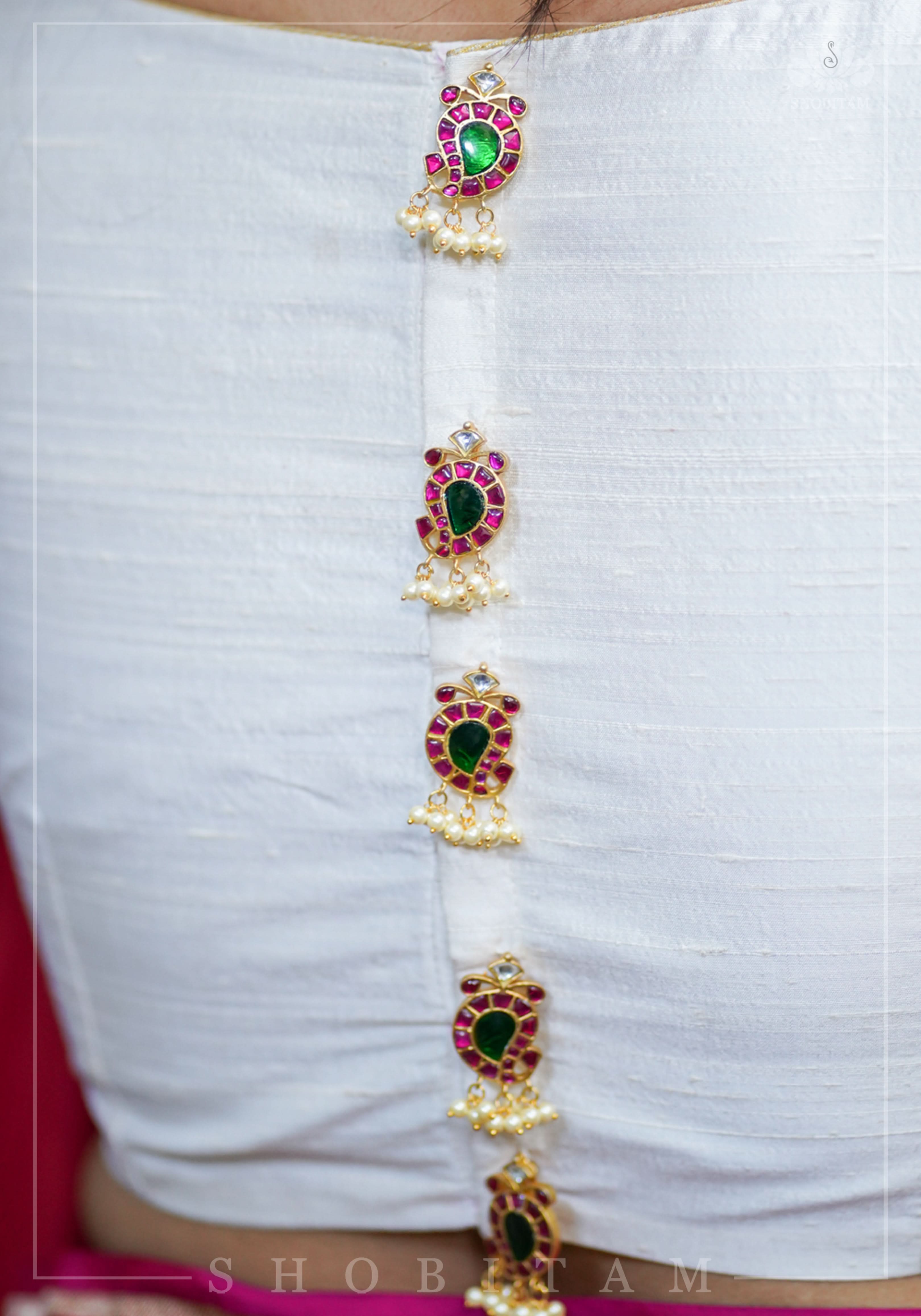 Ivory Pure Raw Silk Blouse with Kemp work detailing on boat neck and Jadau back buttons | Shobitam