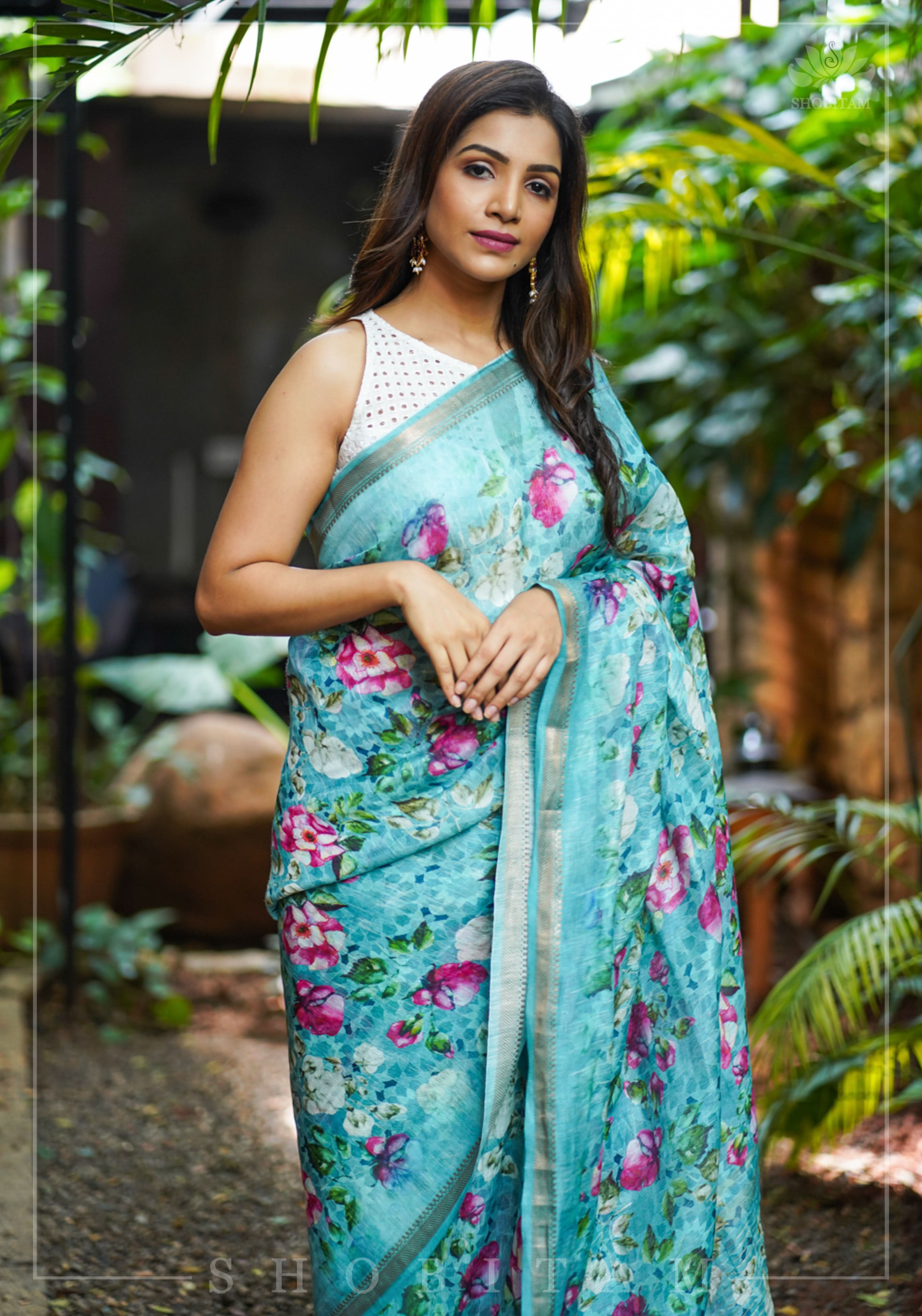 Blue Silk Linen Saree with Floral Digital Print | Shobitam