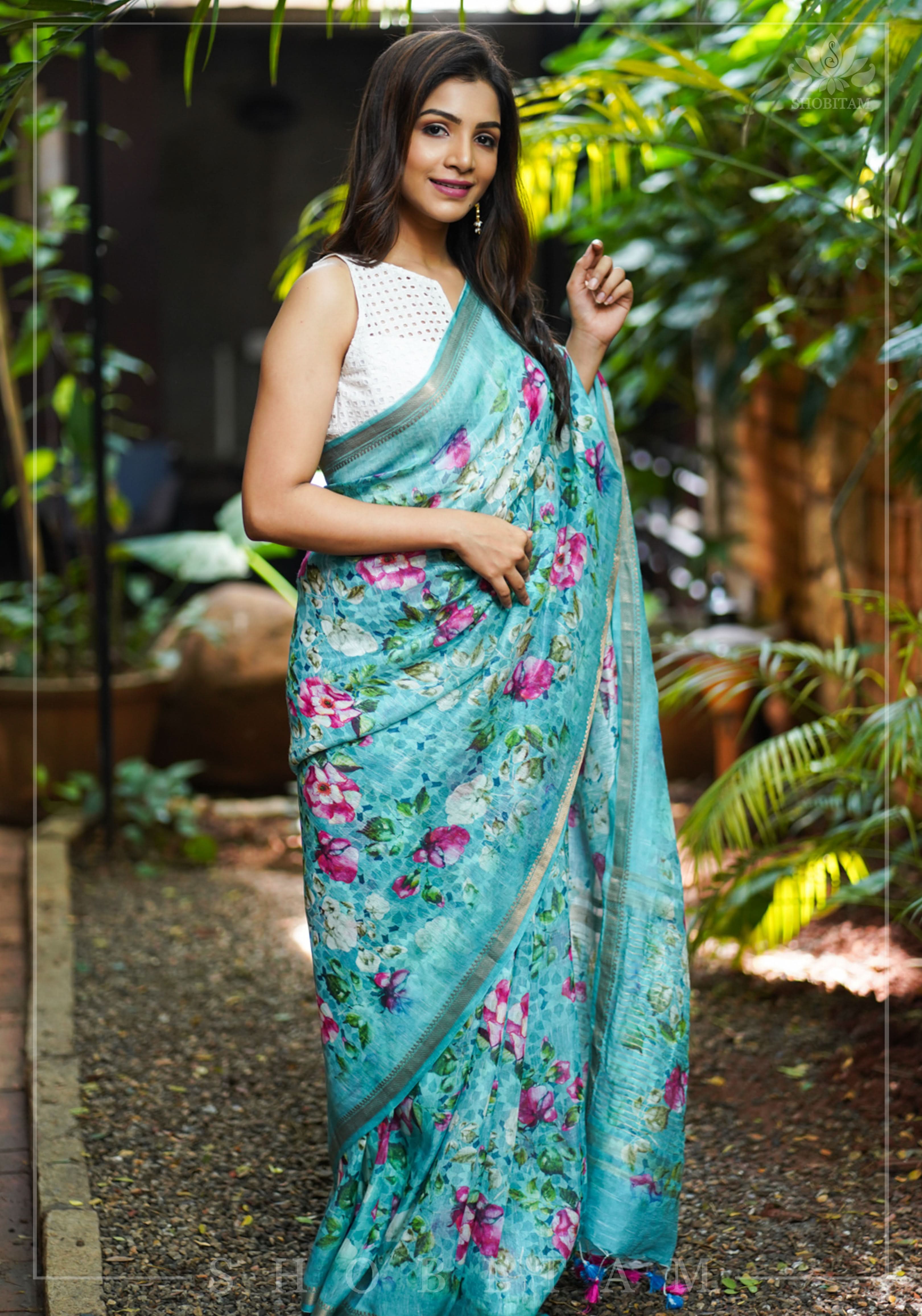 Blue Silk Linen Saree with Floral Digital Print | Shobitam