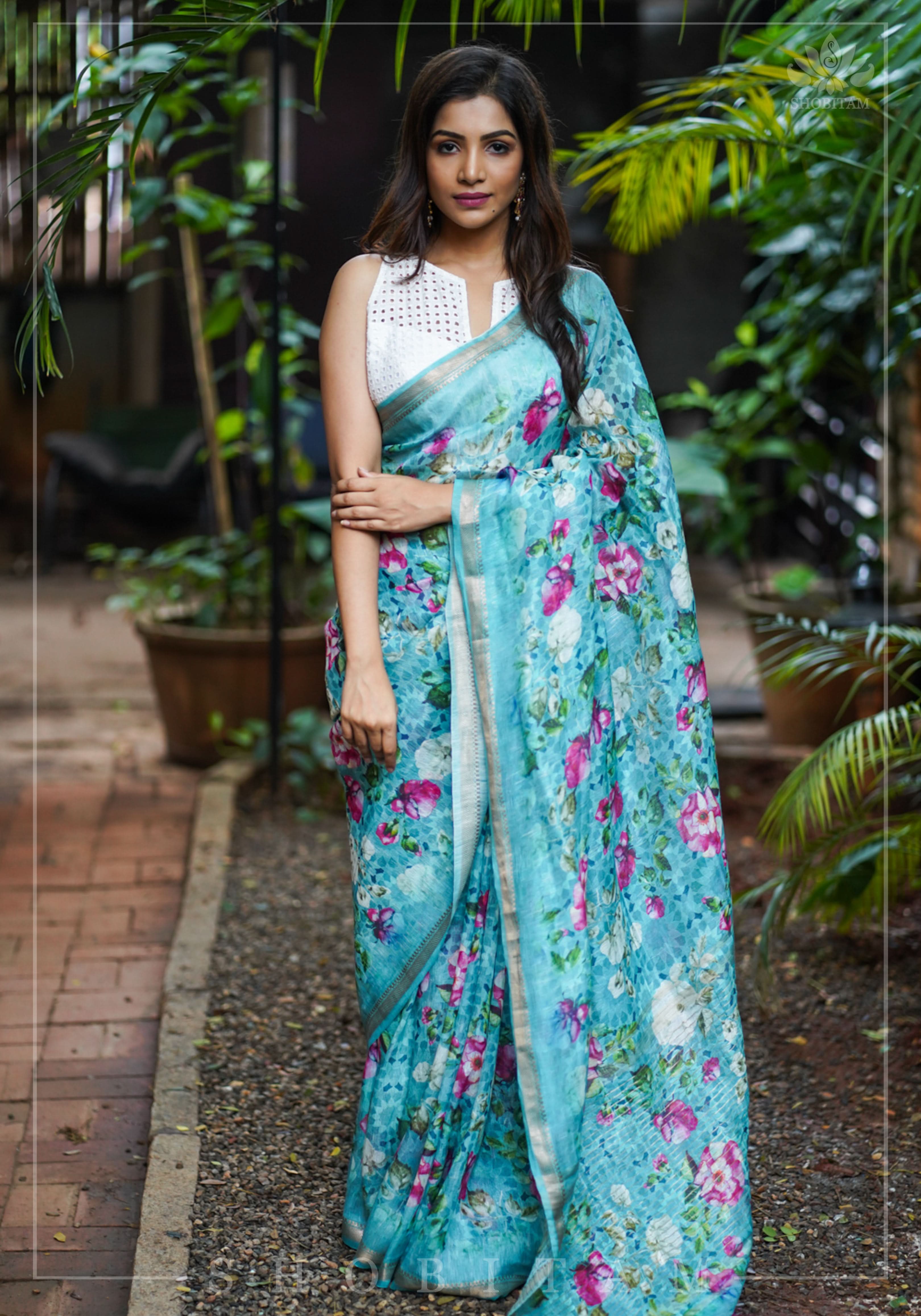 Blue Silk Linen Saree with Floral Digital Print | Shobitam