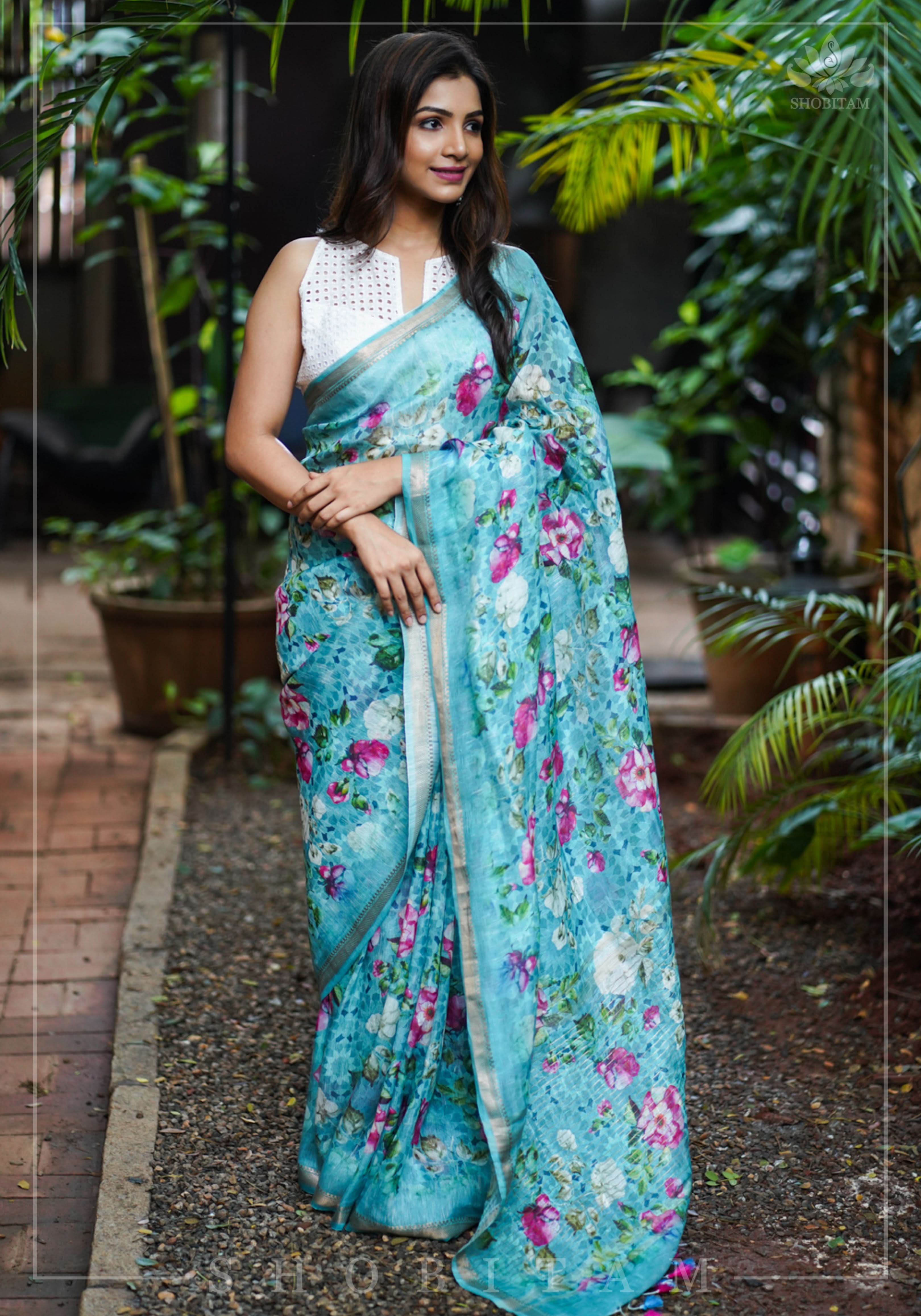 Blue Silk Linen Saree with Floral Digital Print | Shobitam