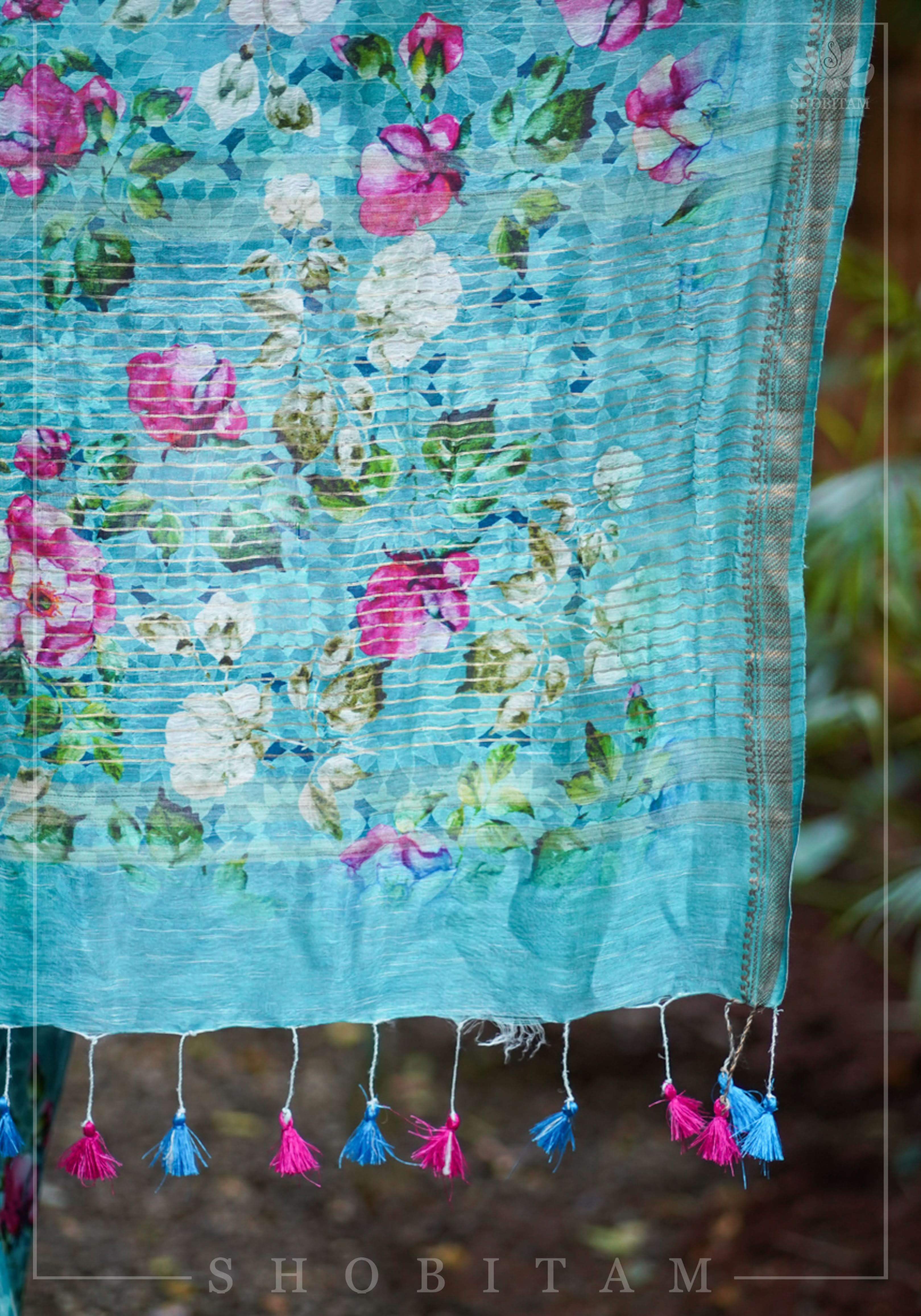 Blue Silk Linen Saree with Floral Digital Print | Shobitam