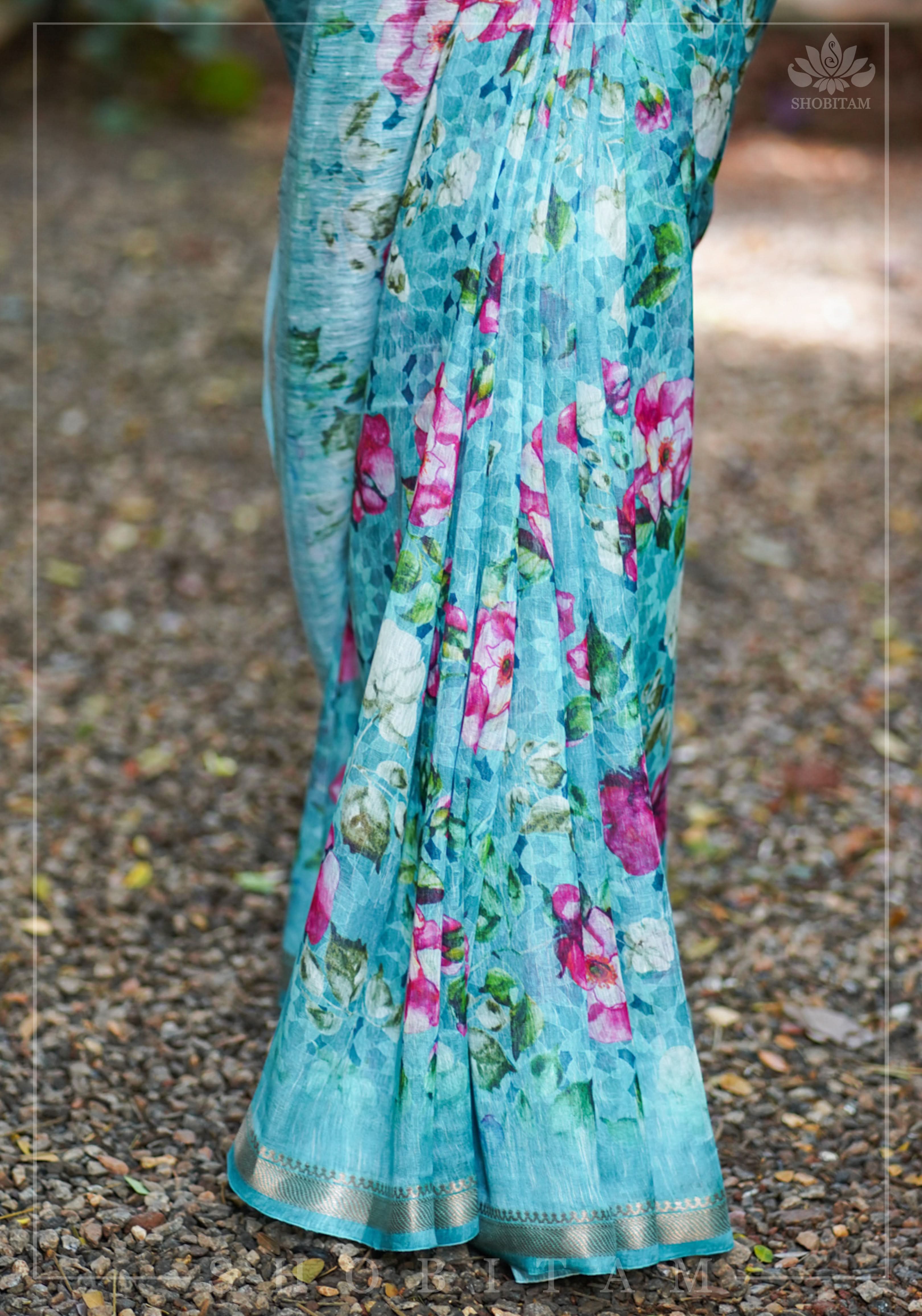 Blue Silk Linen Saree with Floral Digital Print | Shobitam