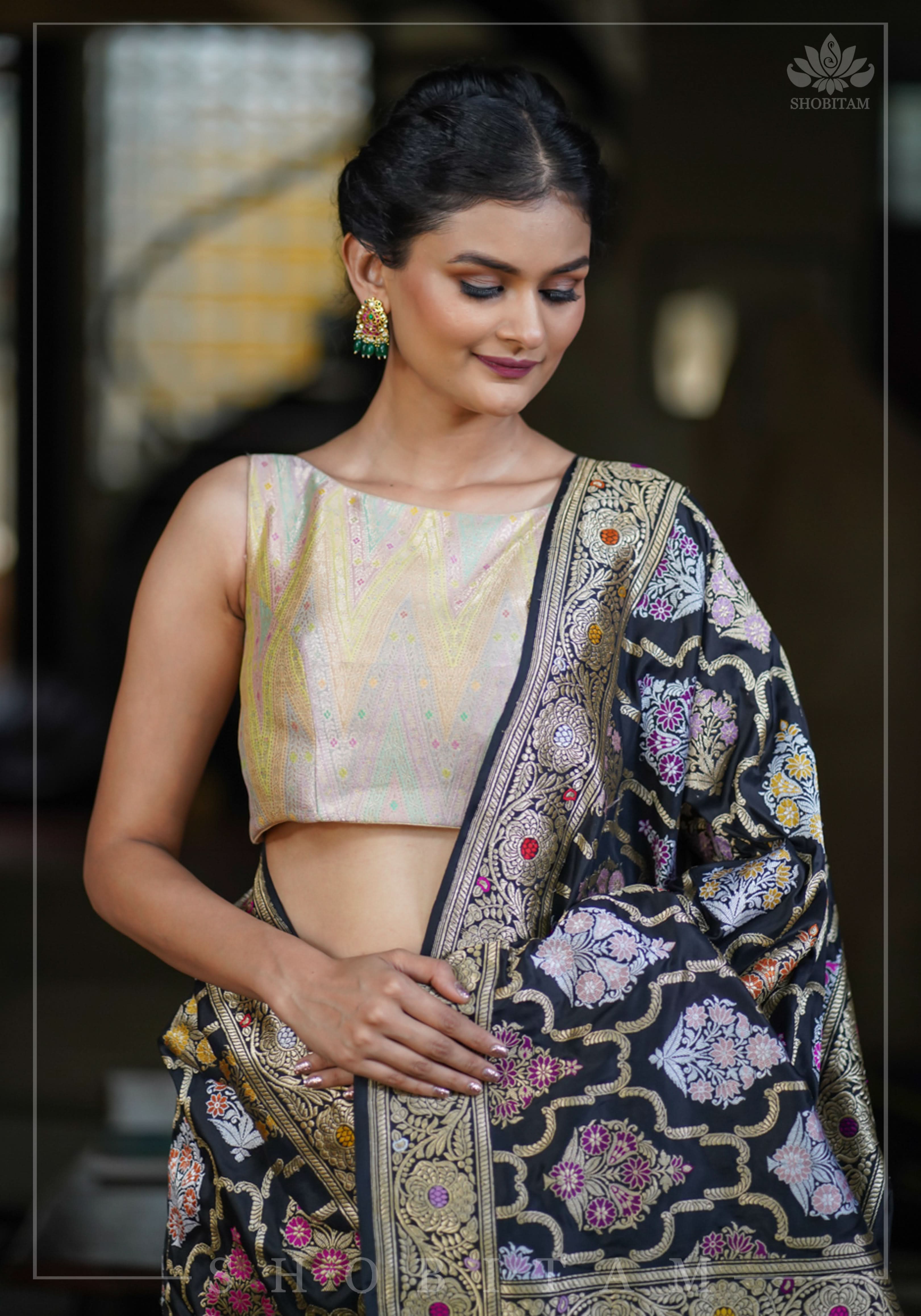 Banarasi Brocade Pastel Mix and Match Blouse with Side-back Closure and Potli Buttons | Shobitam