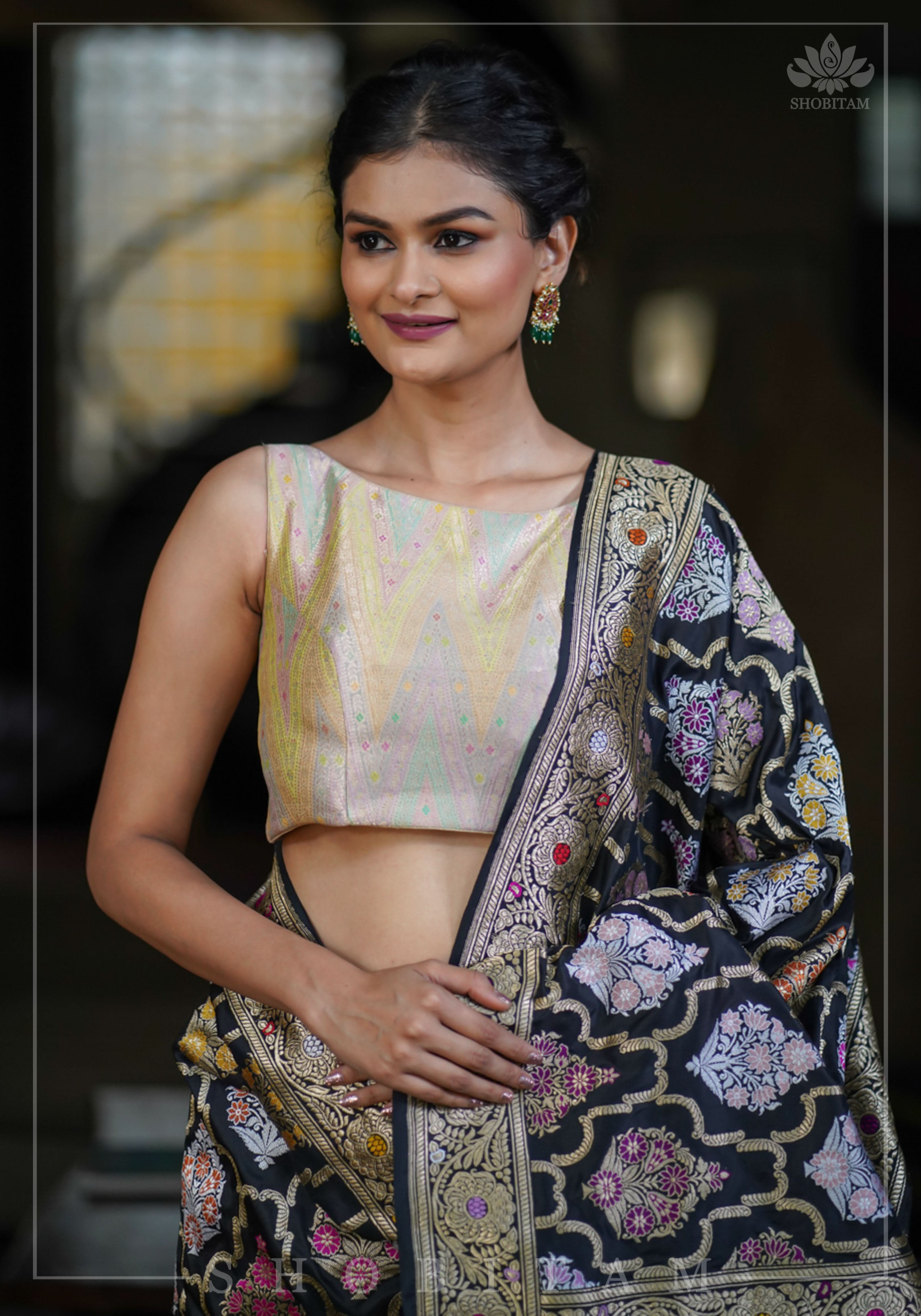 Banarasi Brocade Pastel Mix and Match Blouse with Side-back Closure and Potli Buttons | Shobitam