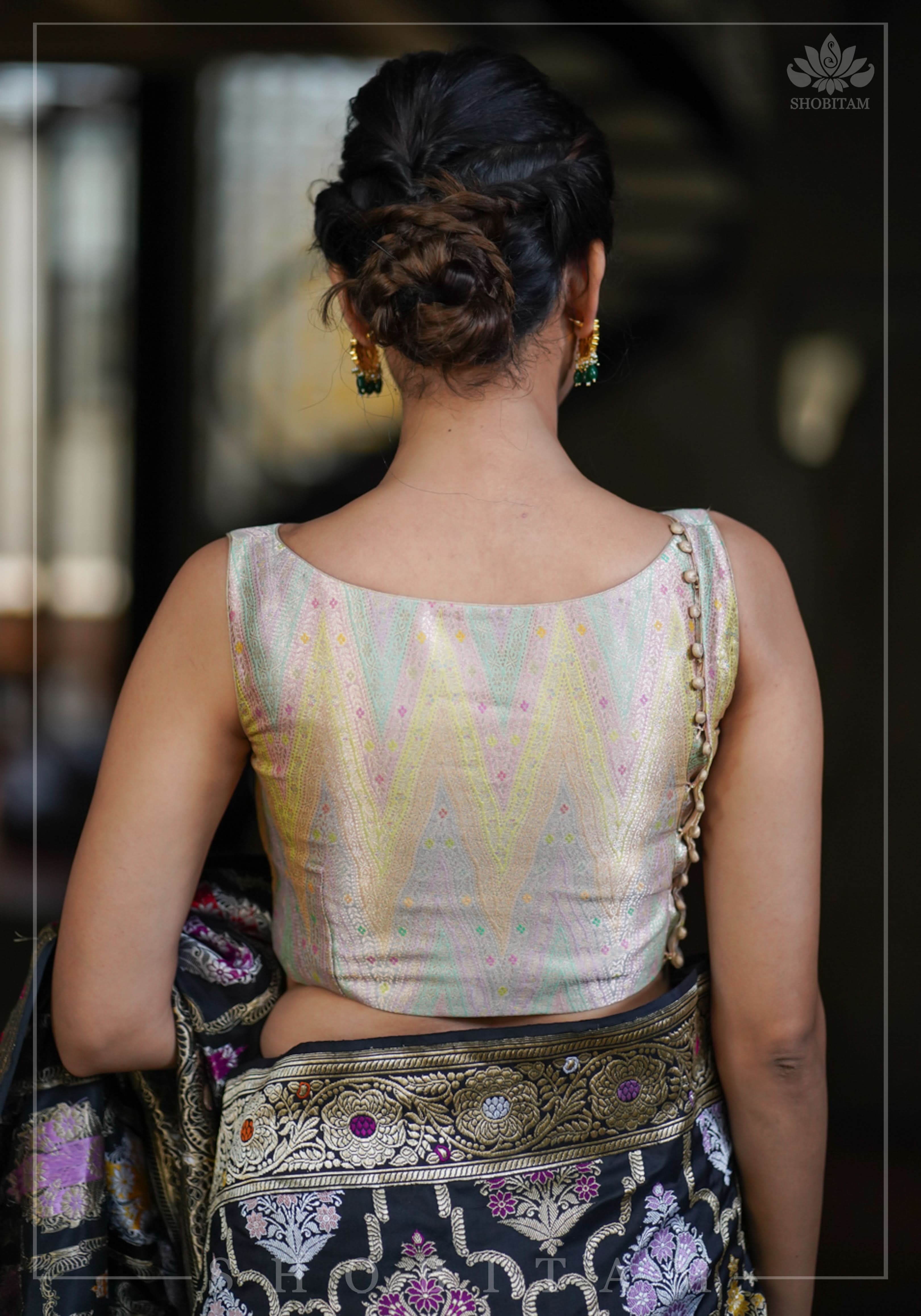 Banarasi Brocade Pastel Mix and Match Blouse with Side-back Closure and Potli Buttons | Shobitam