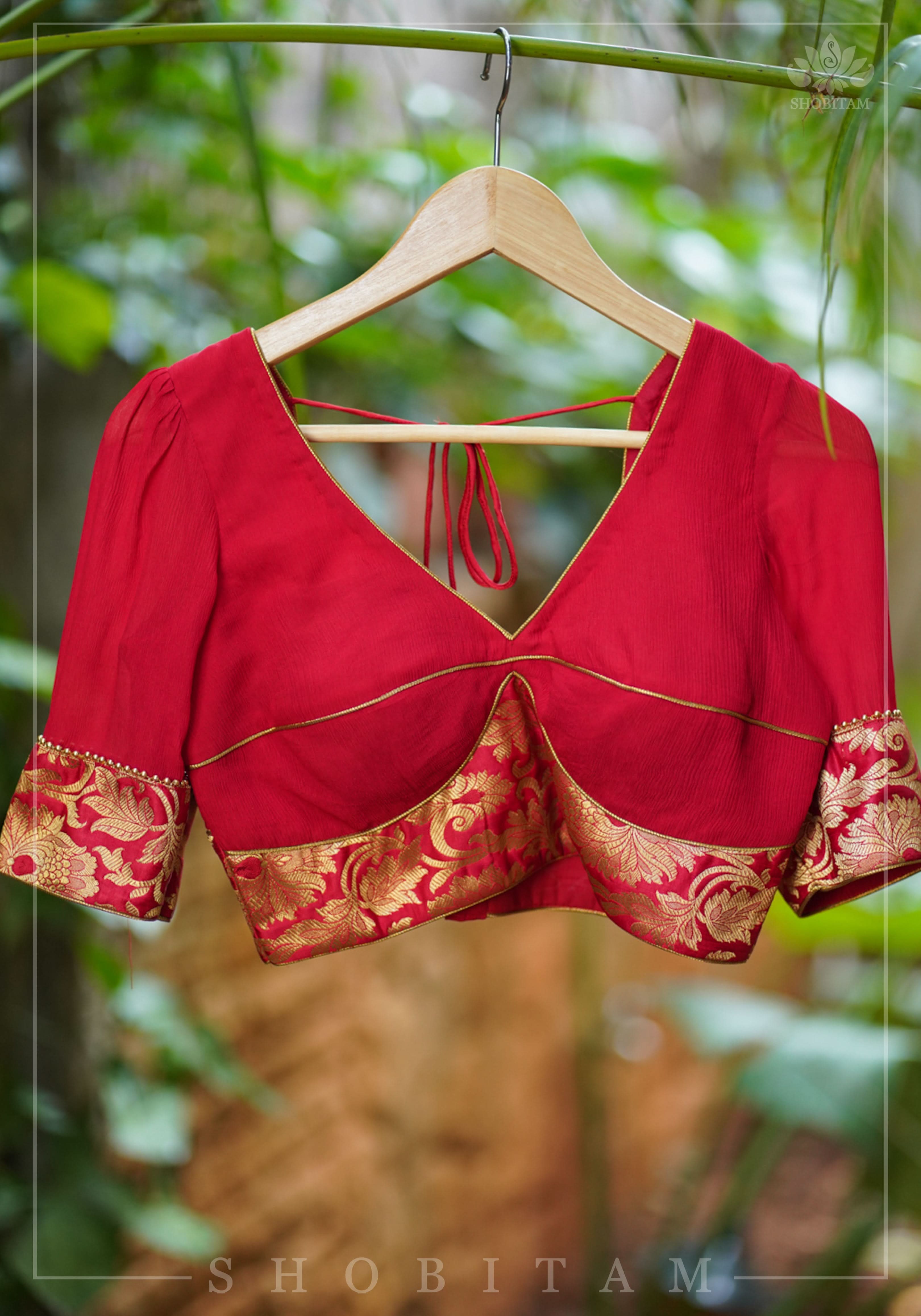 Red Chiffon Blouse with Brocade detailing | Shobitam