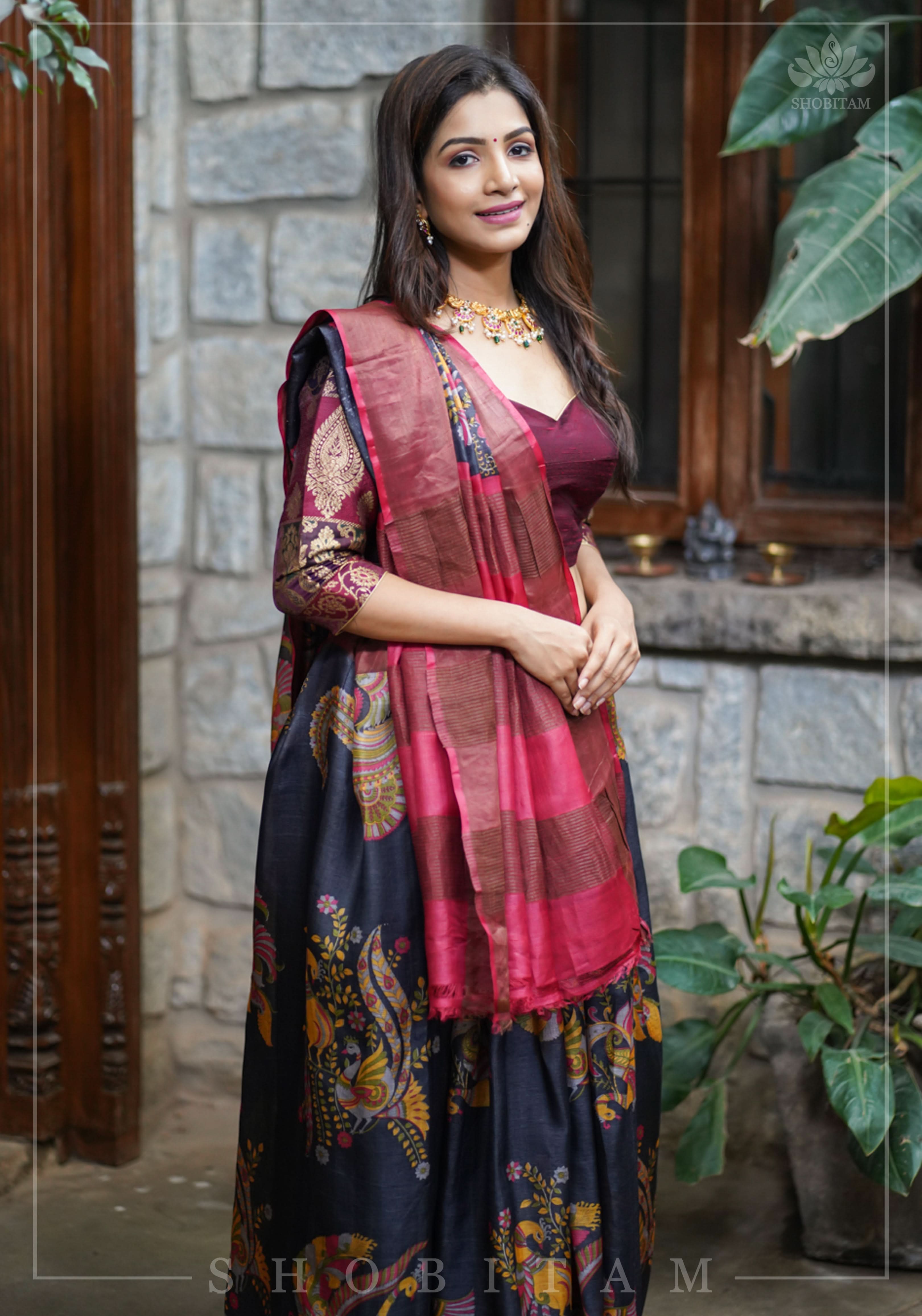 Jari Tussar Lightweight Silk Saree in Black and Maroon with Kalamkari Digital Print | SILK MARK CERTIFIED | Shobitam