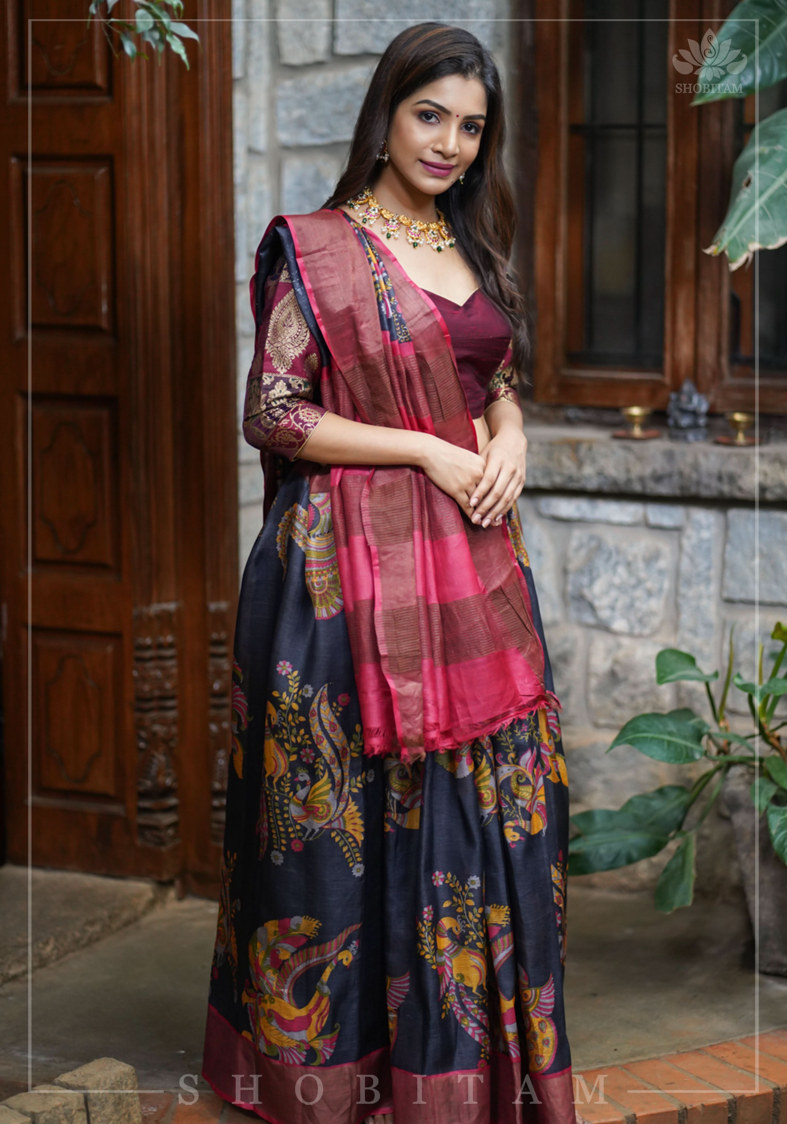 Jari Tussar Lightweight Silk Saree in Black and Maroon with Kalamkari Digital Print | SILK MARK CERTIFIED | Shobitam