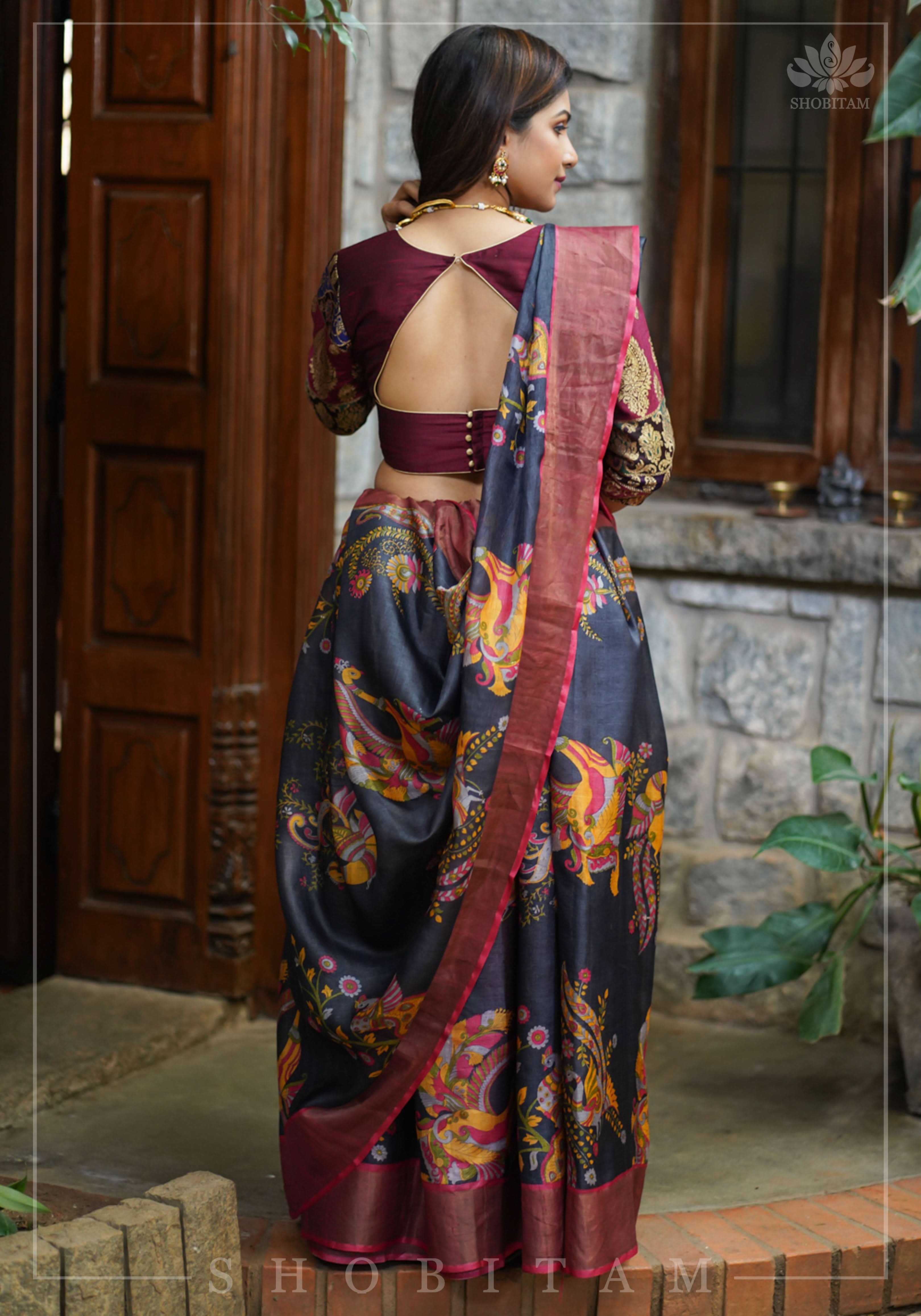 Pure Raw Silk and Below elbow sleeve Sleeve Banarasi Brocade Blouse in Maroon | Shobitam