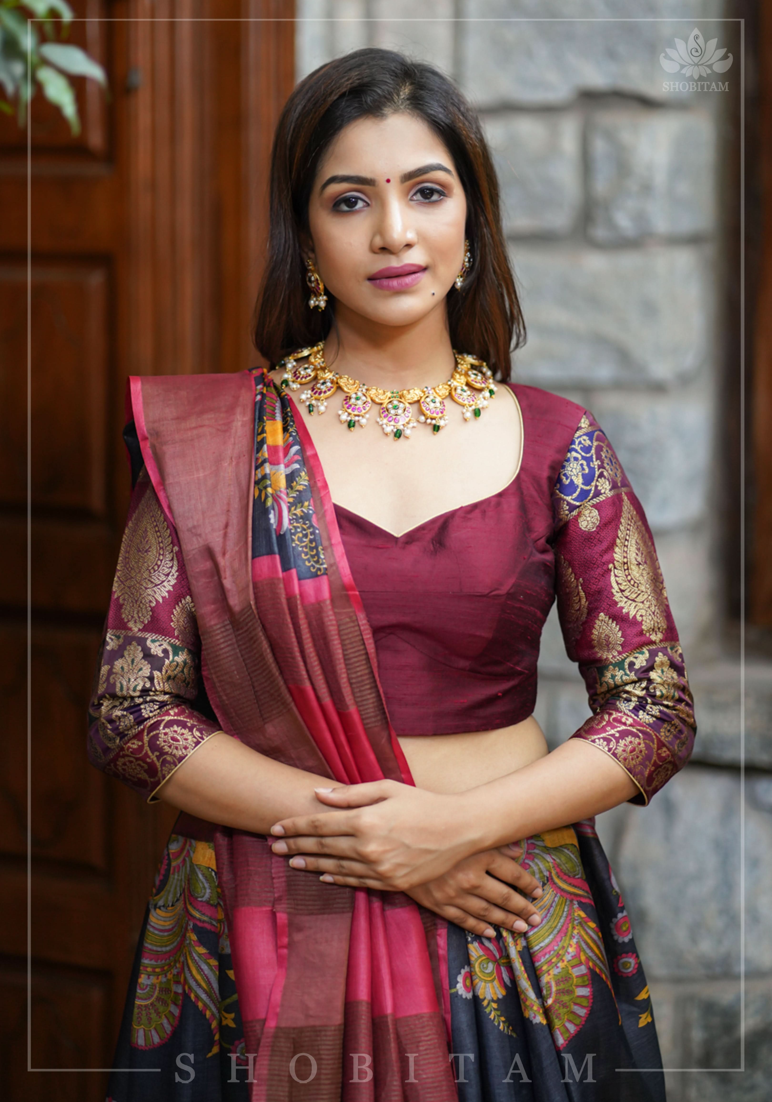 Pure Raw Silk and Below elbow sleeve Sleeve Banarasi Brocade Blouse in Maroon | Shobitam