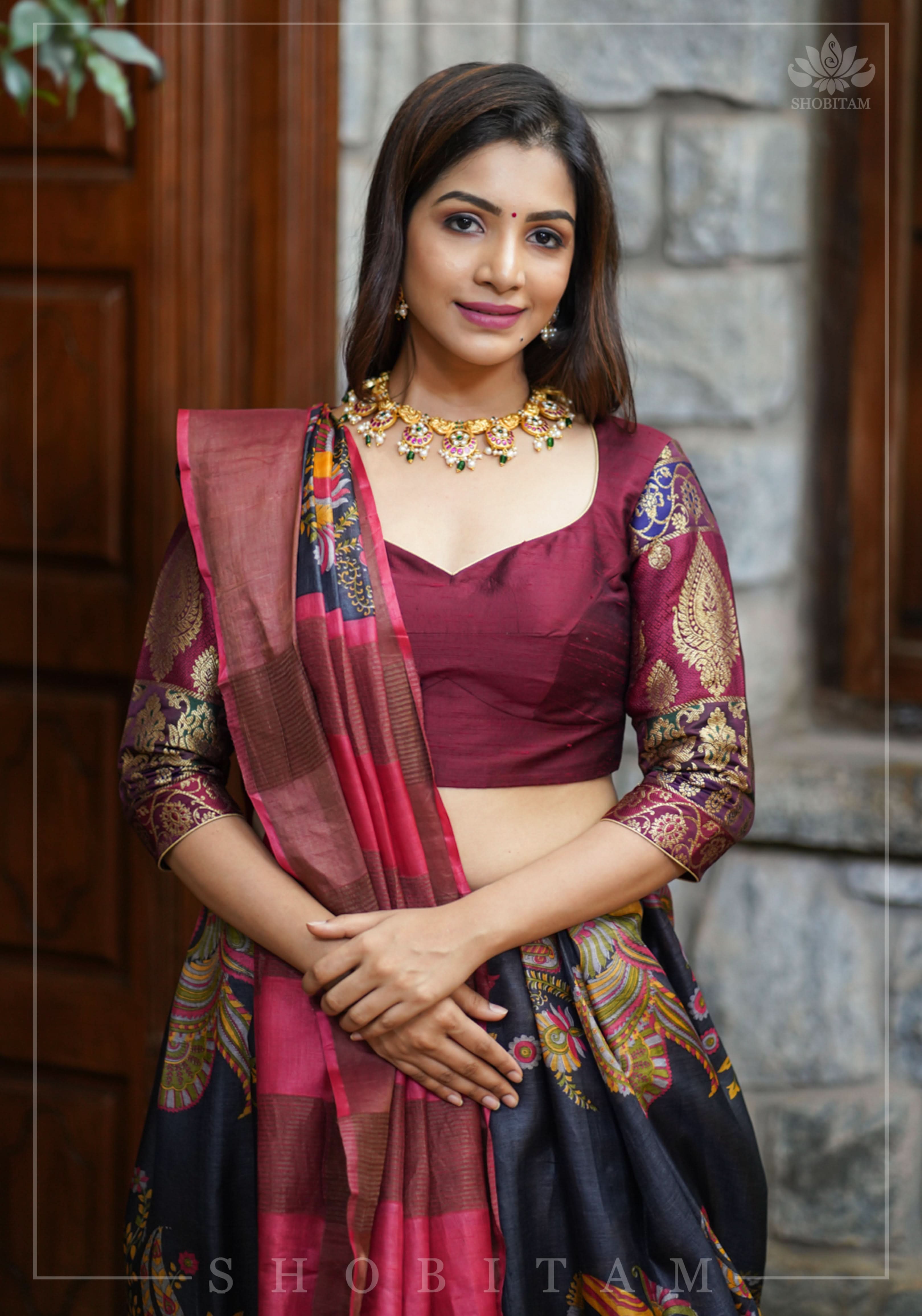 Pure Raw Silk and Below elbow sleeve Sleeve Banarasi Brocade Blouse in Maroon | Shobitam