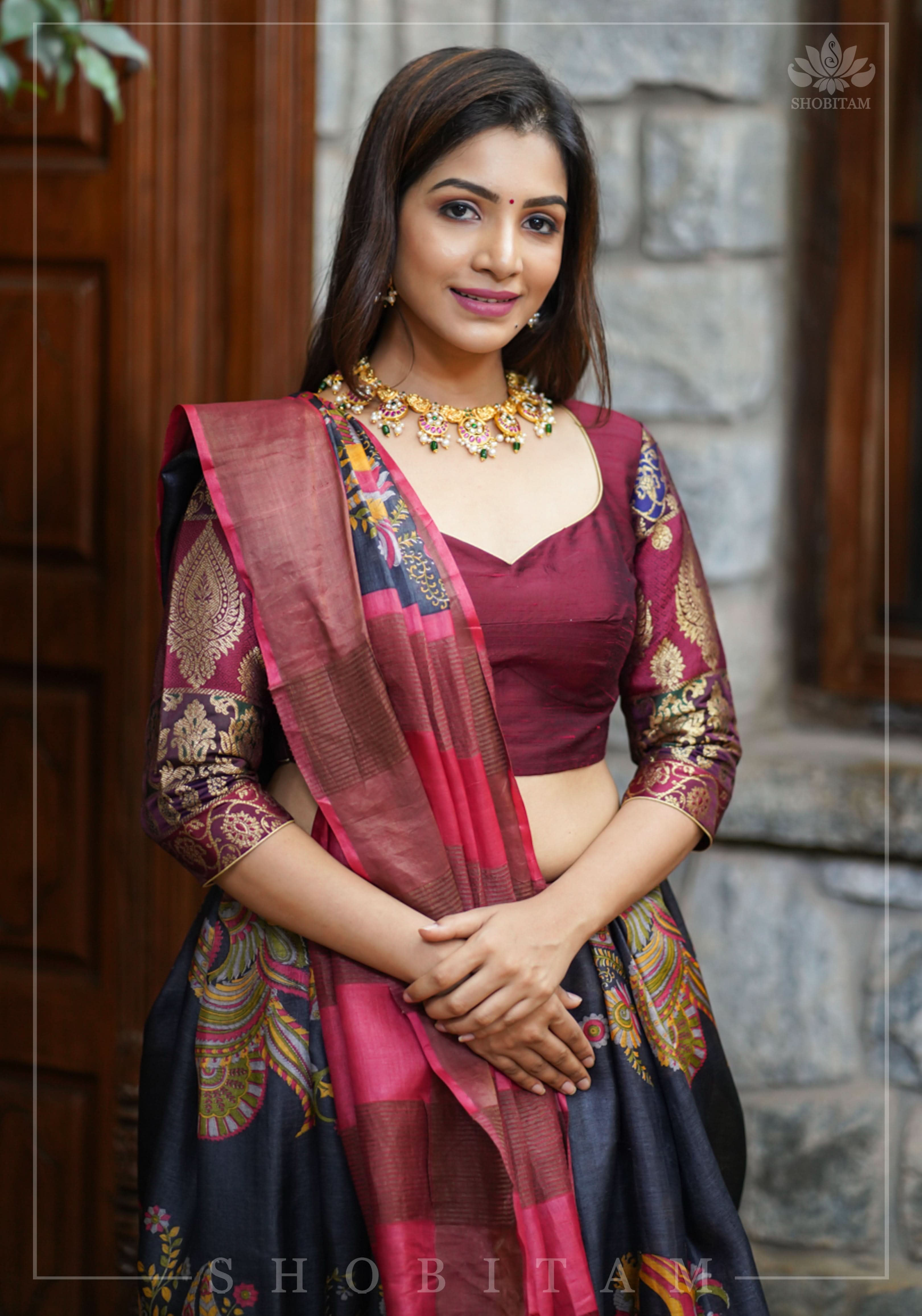 Pure Raw Silk and Below elbow sleeve Sleeve Banarasi Brocade Blouse in Maroon | Shobitam