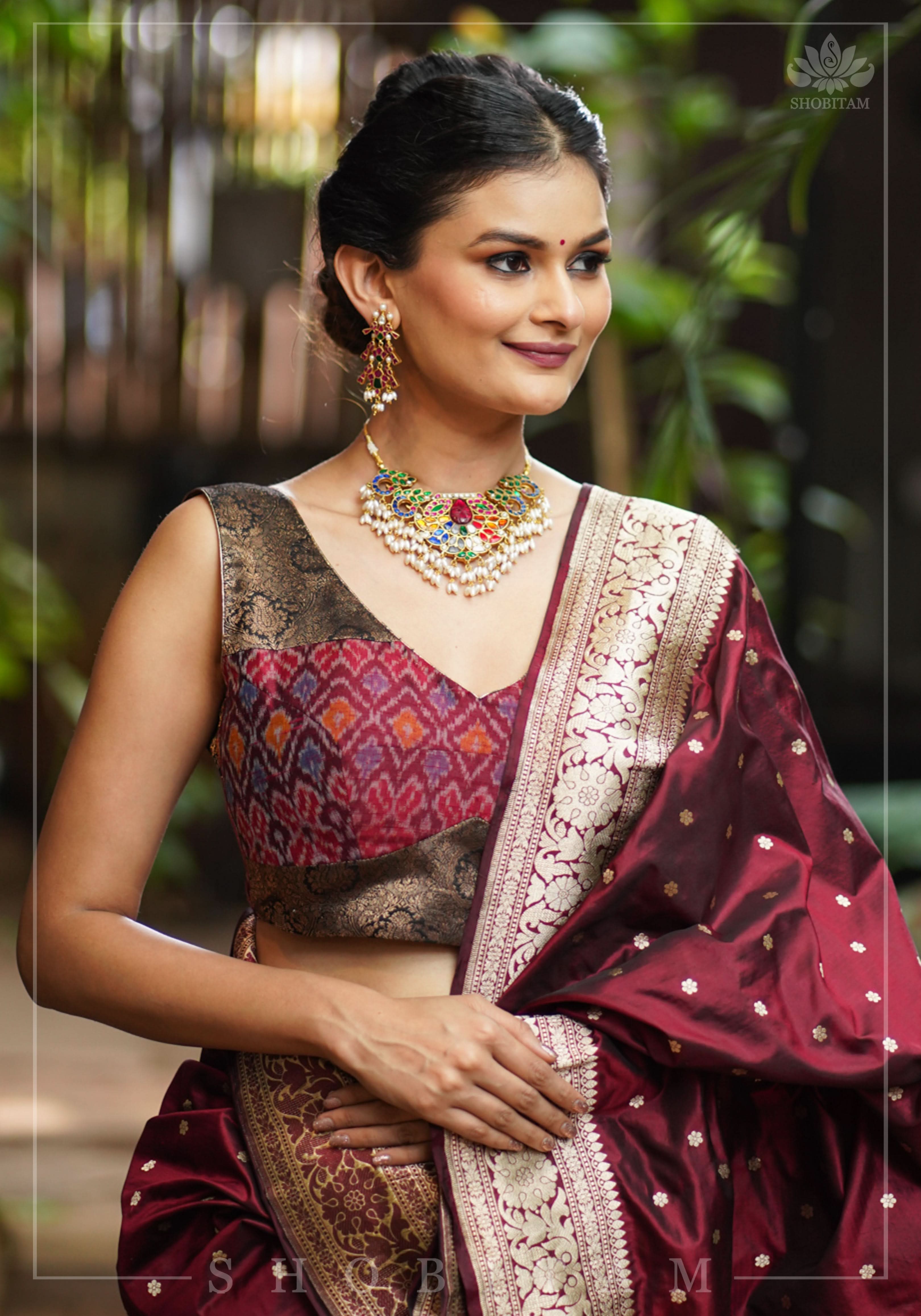Pure Raw Silk with Ikkat weave and Banarasi pure silk brocade Blouse in maroon and Black | Shobitam