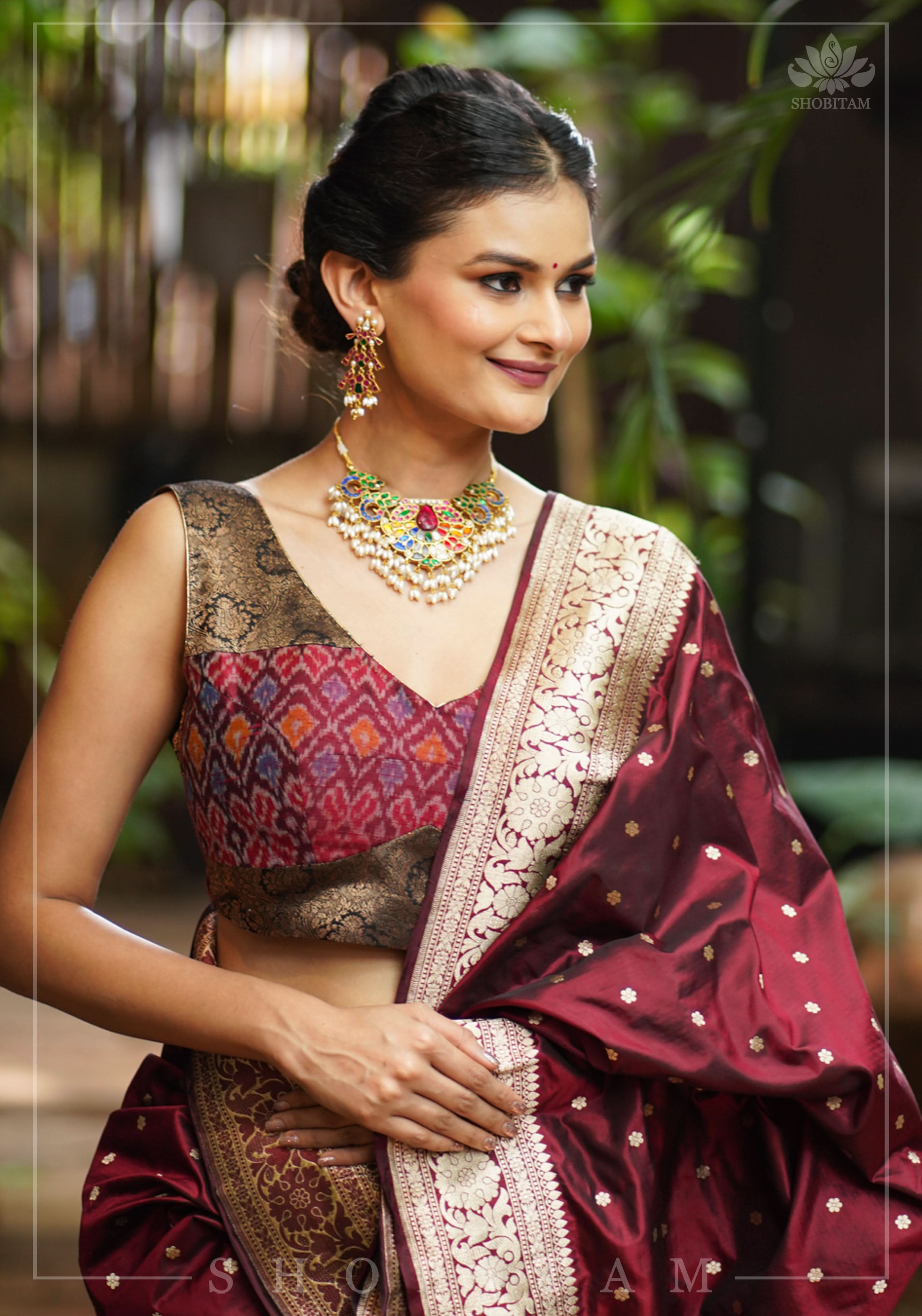 Pure Raw Silk with Ikkat weave and Banarasi pure silk brocade Blouse in maroon and Black | Shobitam