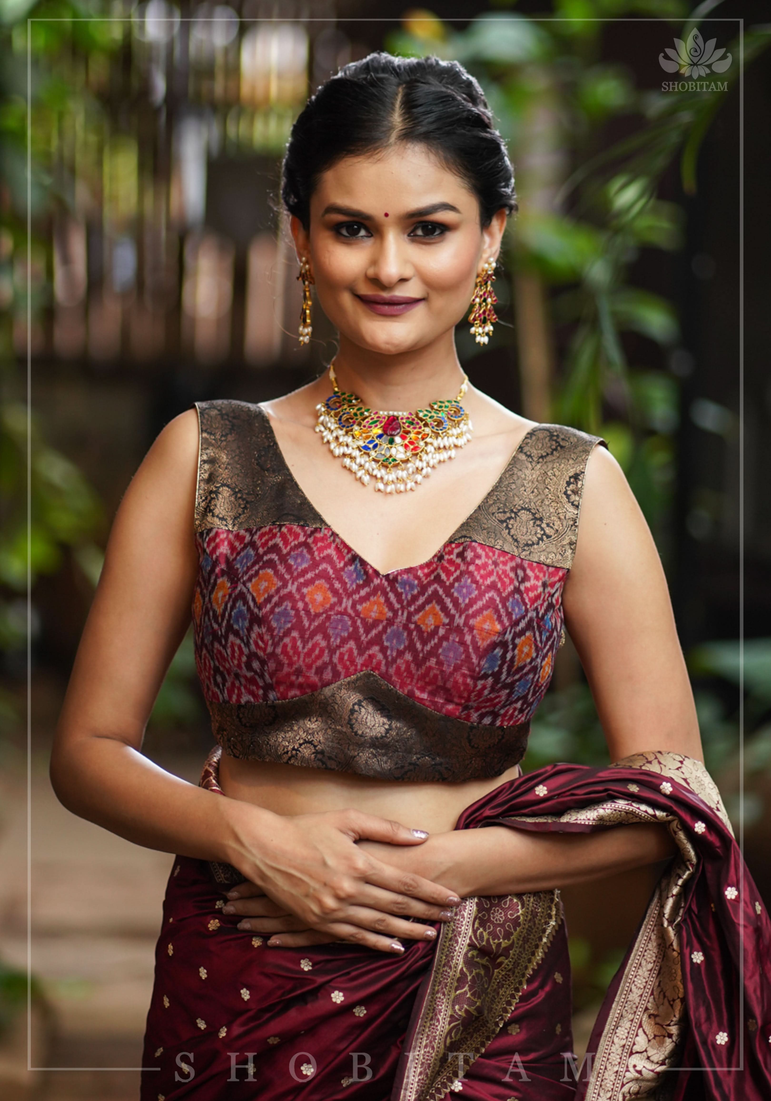 Pure Raw Silk with Ikkat weave and Banarasi pure silk brocade Blouse in maroon and Black | Shobitam