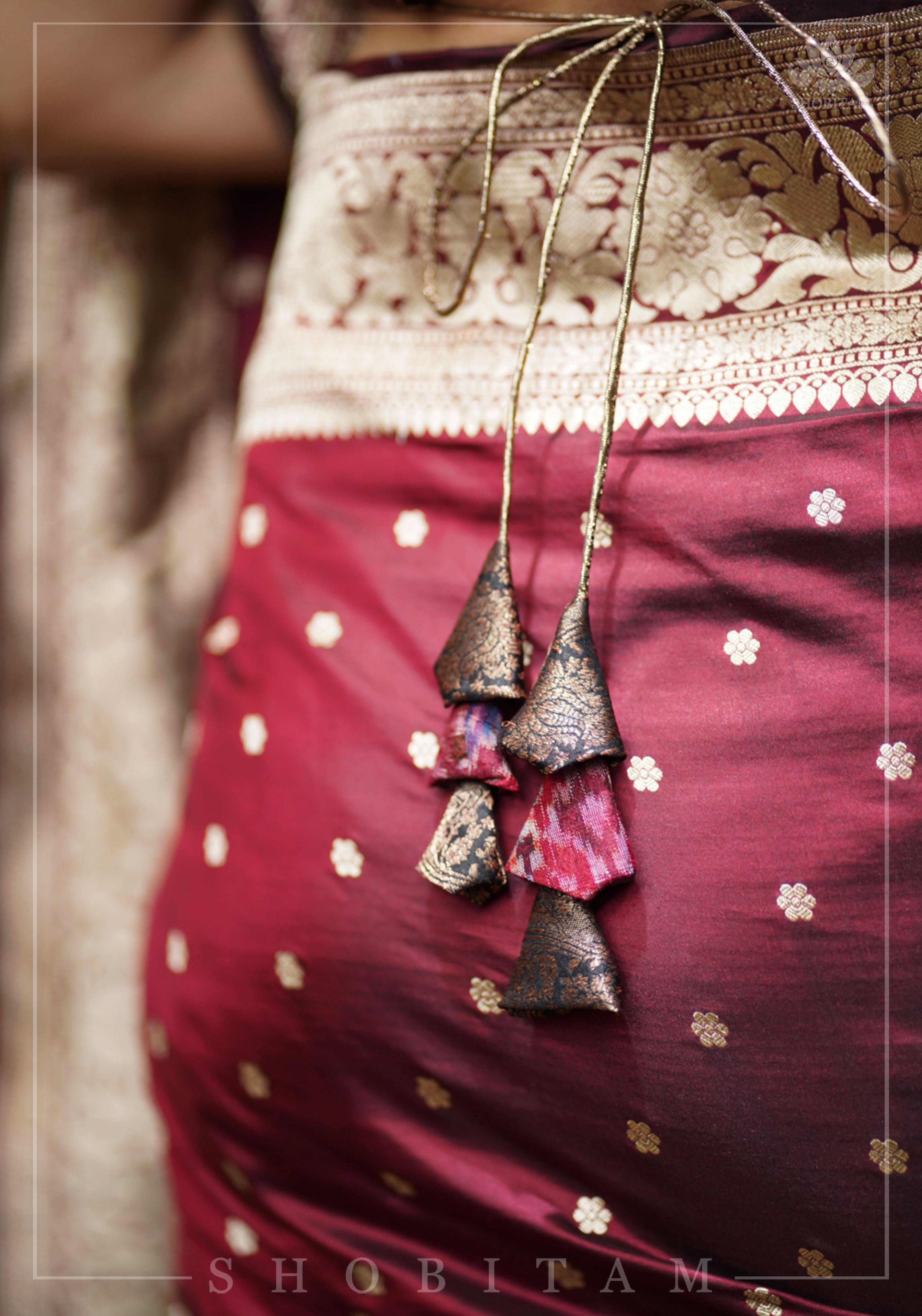 Pure Raw Silk with Ikkat weave and Banarasi pure silk brocade Blouse in maroon and Black | Shobitam