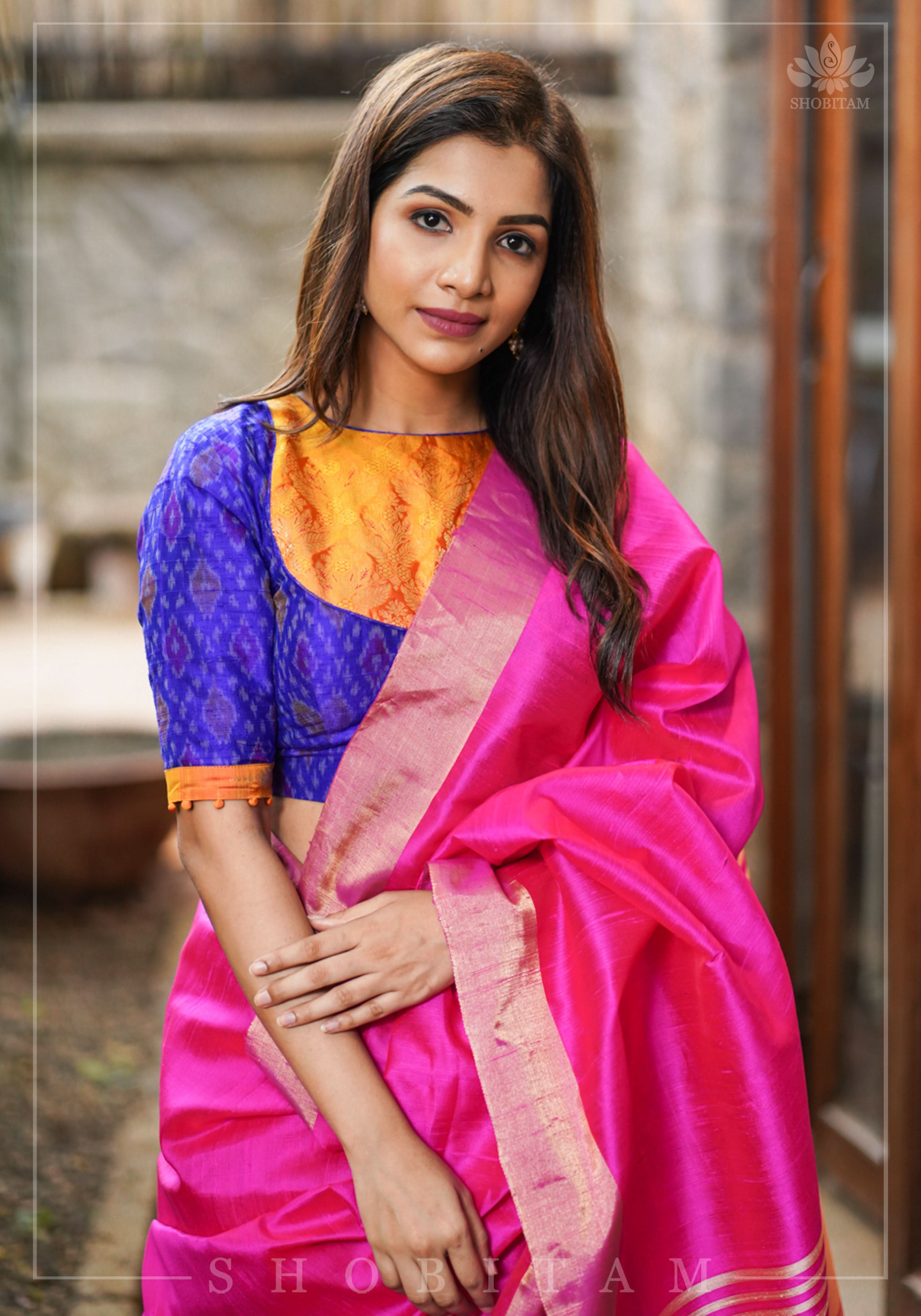 Asymmetric Cutout Pure Silk Ikkat Raw Silk and kanjivaram Silk brocade Fusion Blouse | Shobitam