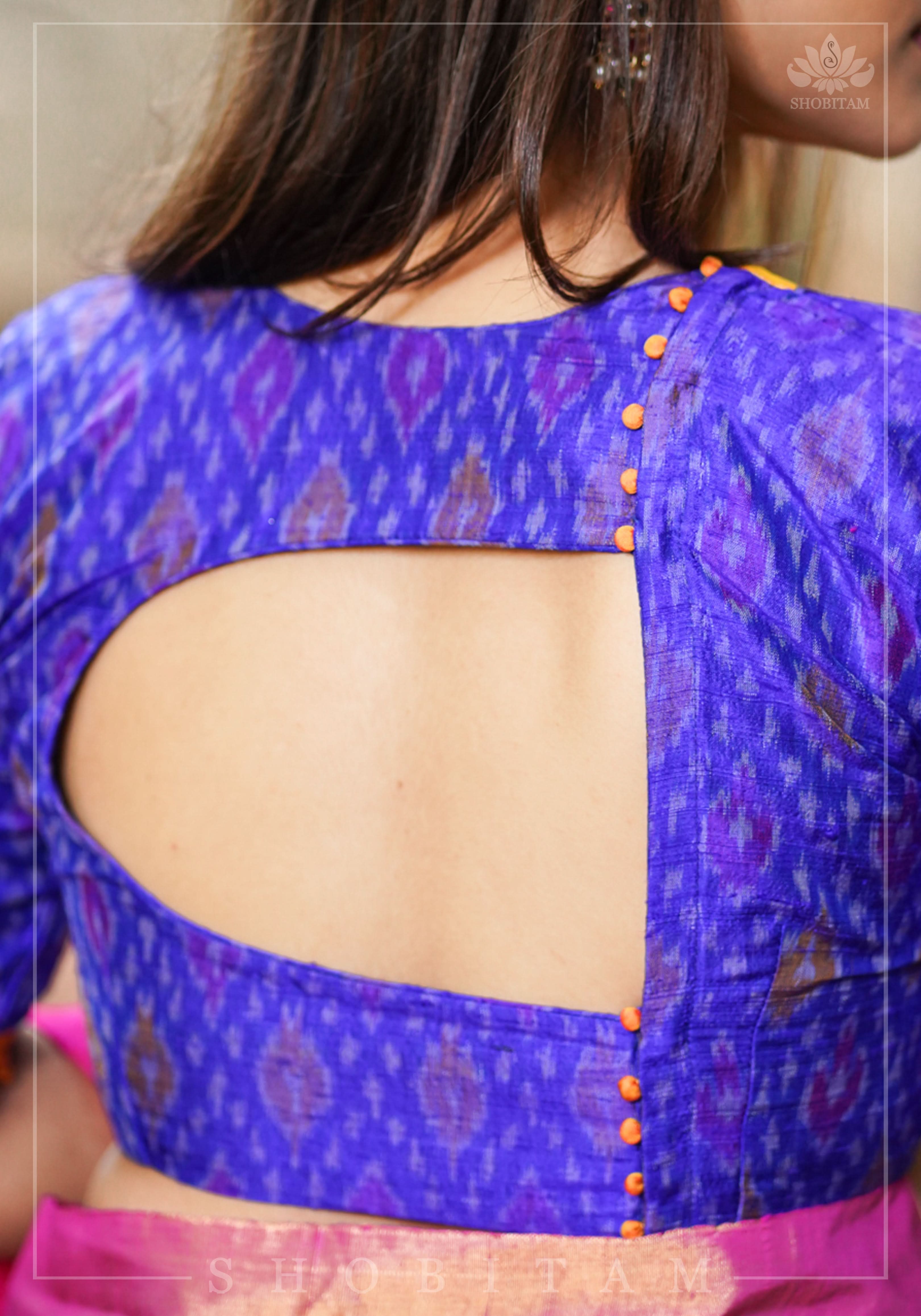 Asymmetric Cutout Pure Silk Ikkat Raw Silk and kanjivaram Silk brocade Fusion Blouse | Shobitam