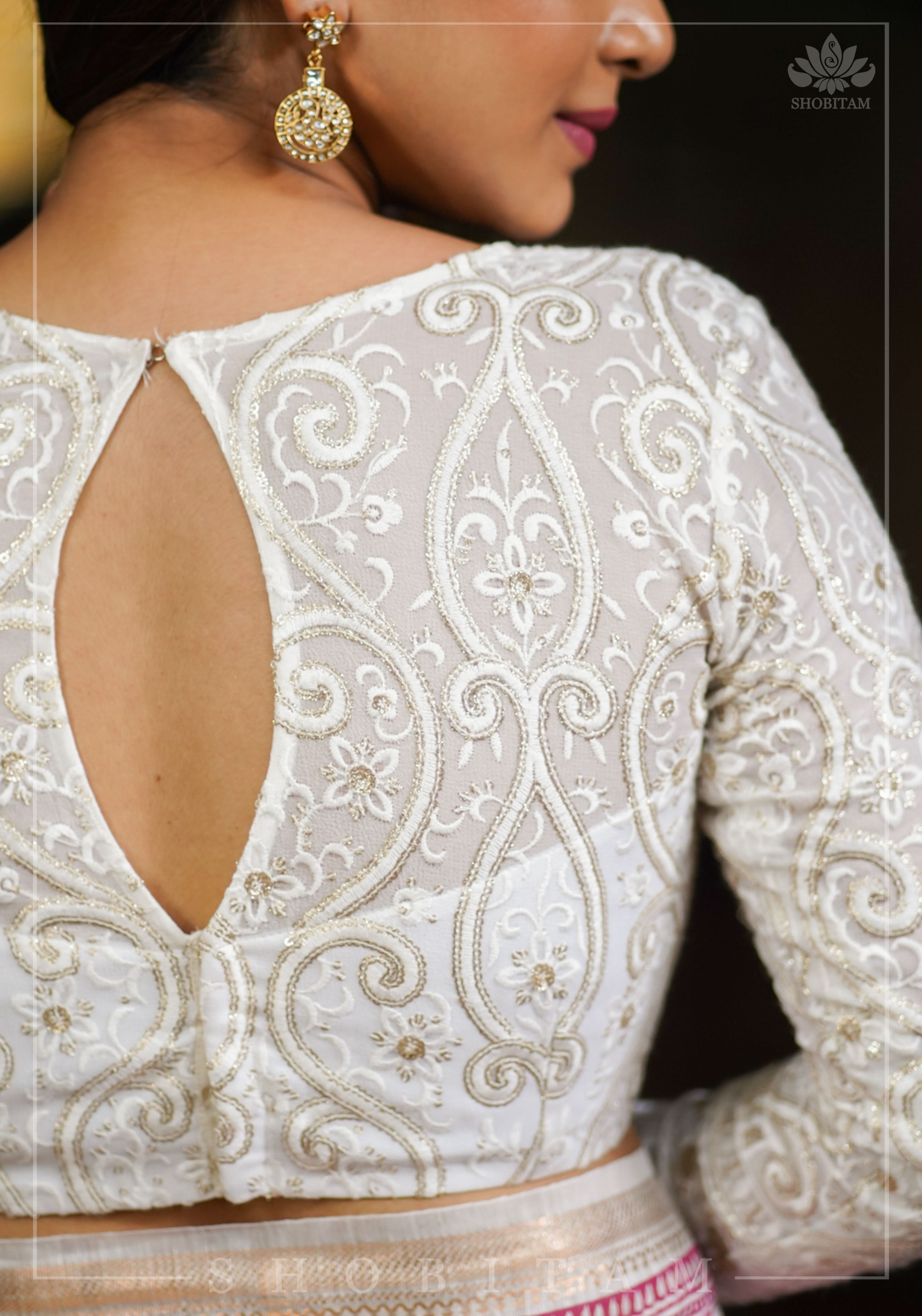 Chikankari style Full Jaal machine embroidered full sleeves blouse in Ivory Georgette with Gold tone highlights | Shobitam