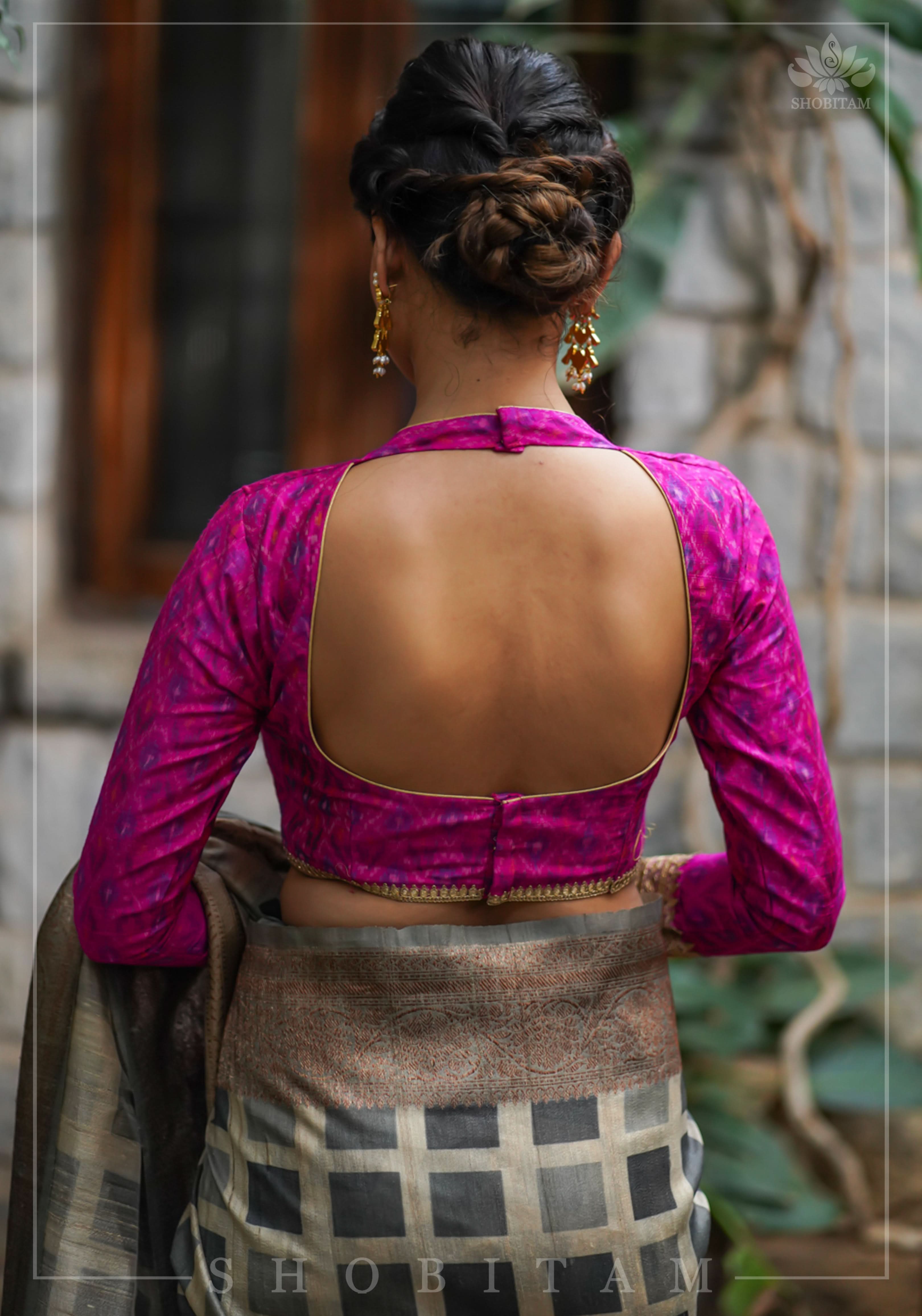 Authentic Ikkat weave on Pure Raw Silk Full Sleeve Blouse with Gotta embellishments | Shobitam