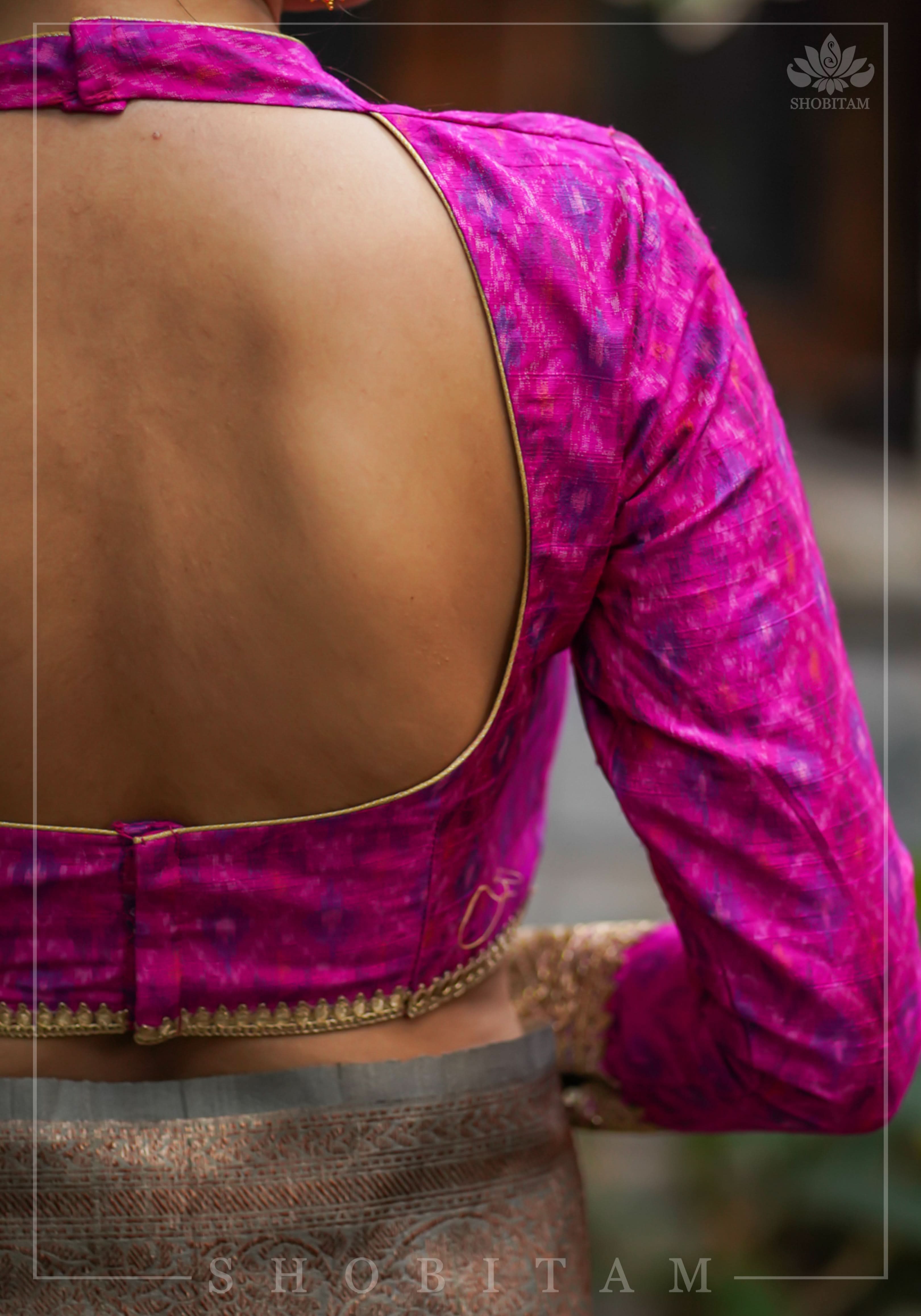 Authentic Ikkat weave on Pure Raw Silk Full Sleeve Blouse with Gotta embellishments | Shobitam