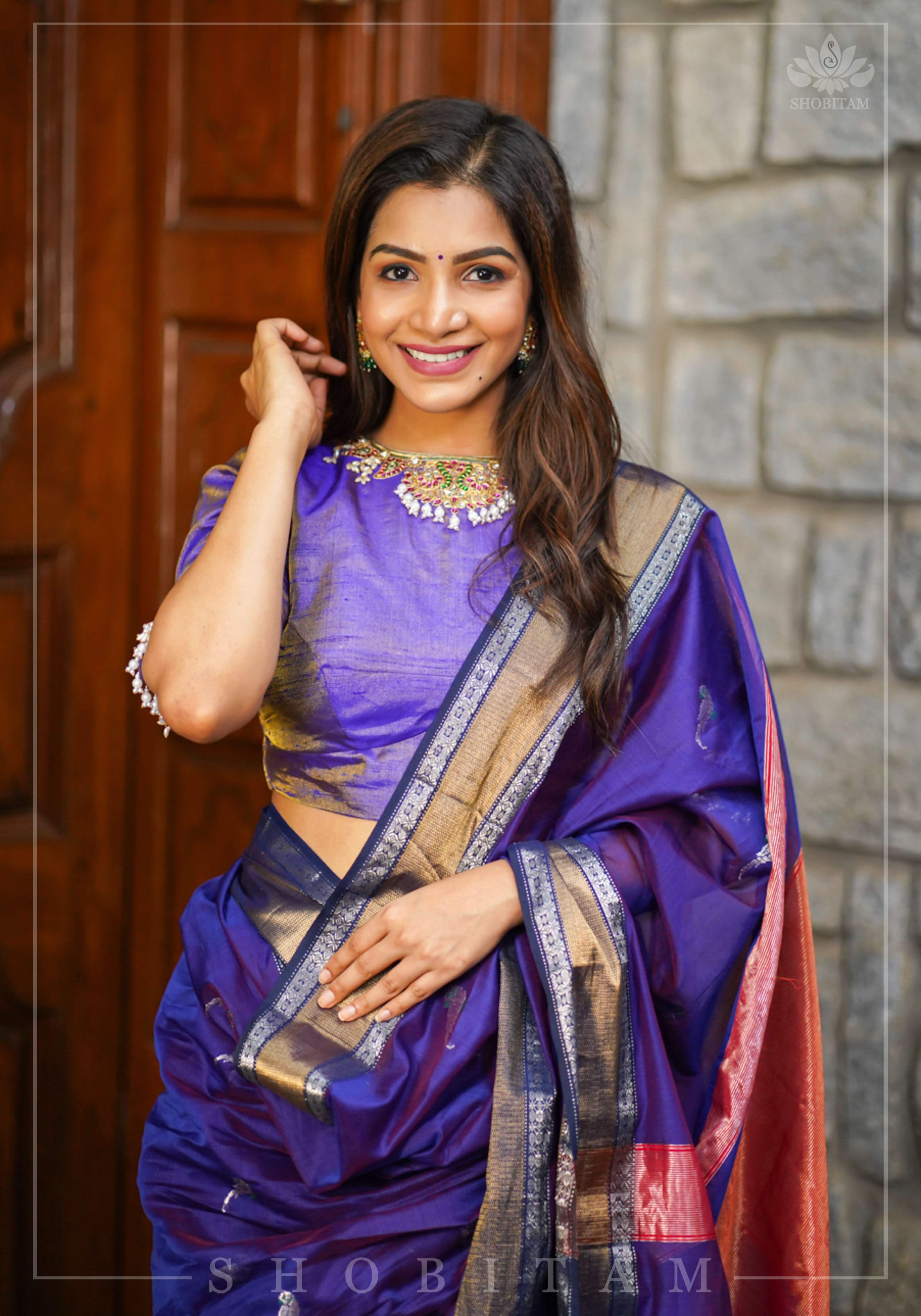 Guttapusalu and bajuband handwork on exotic Pure Tissue Raw Silk Blouse in Lilac | Shobitam