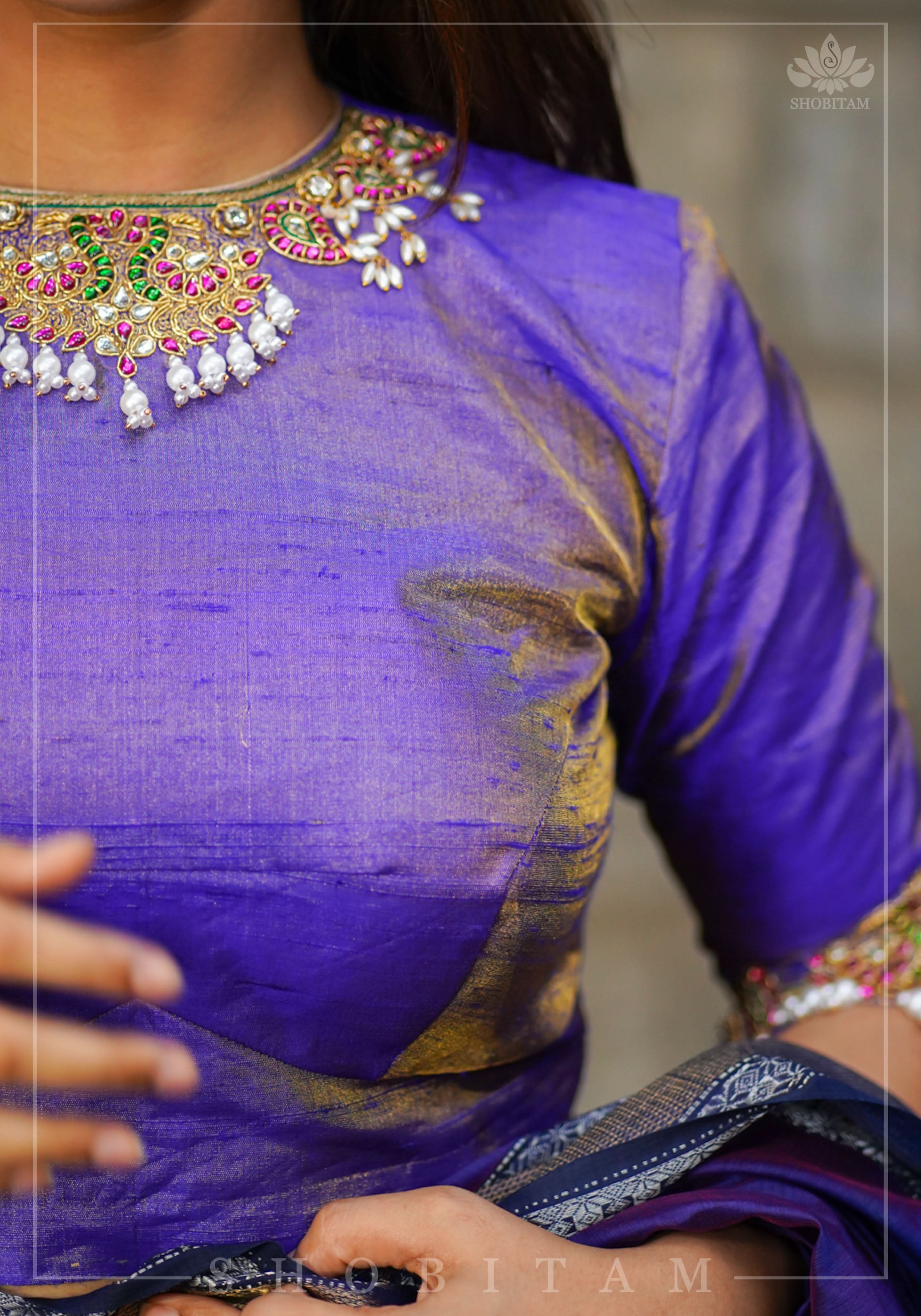 Guttapusalu and bajuband handwork on exotic Pure Tissue Raw Silk Blouse in Lilac | Shobitam