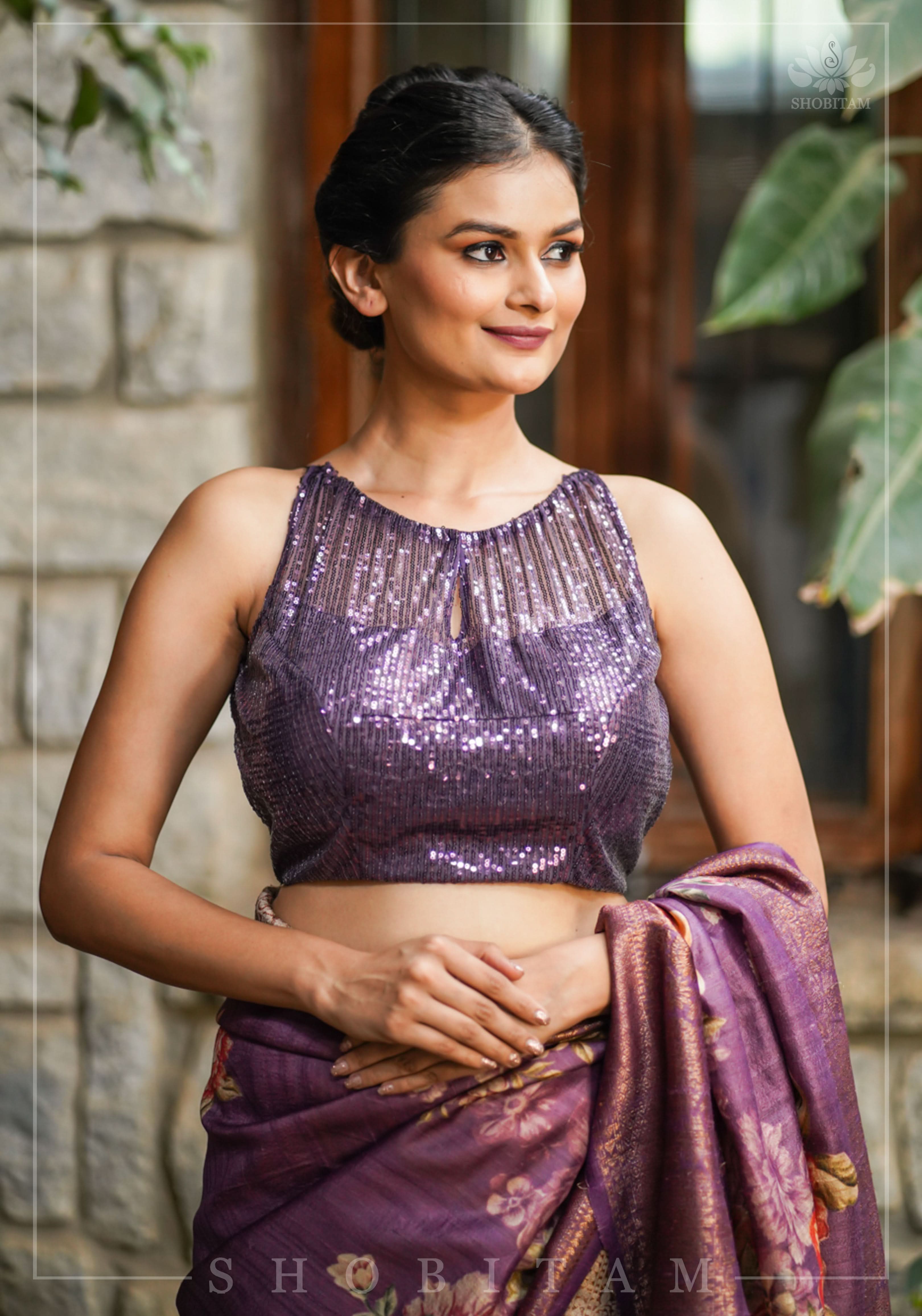 Stylish Amethyst Gathered Neck Blouse with self tone sequins and sheer yoke | Shobitam