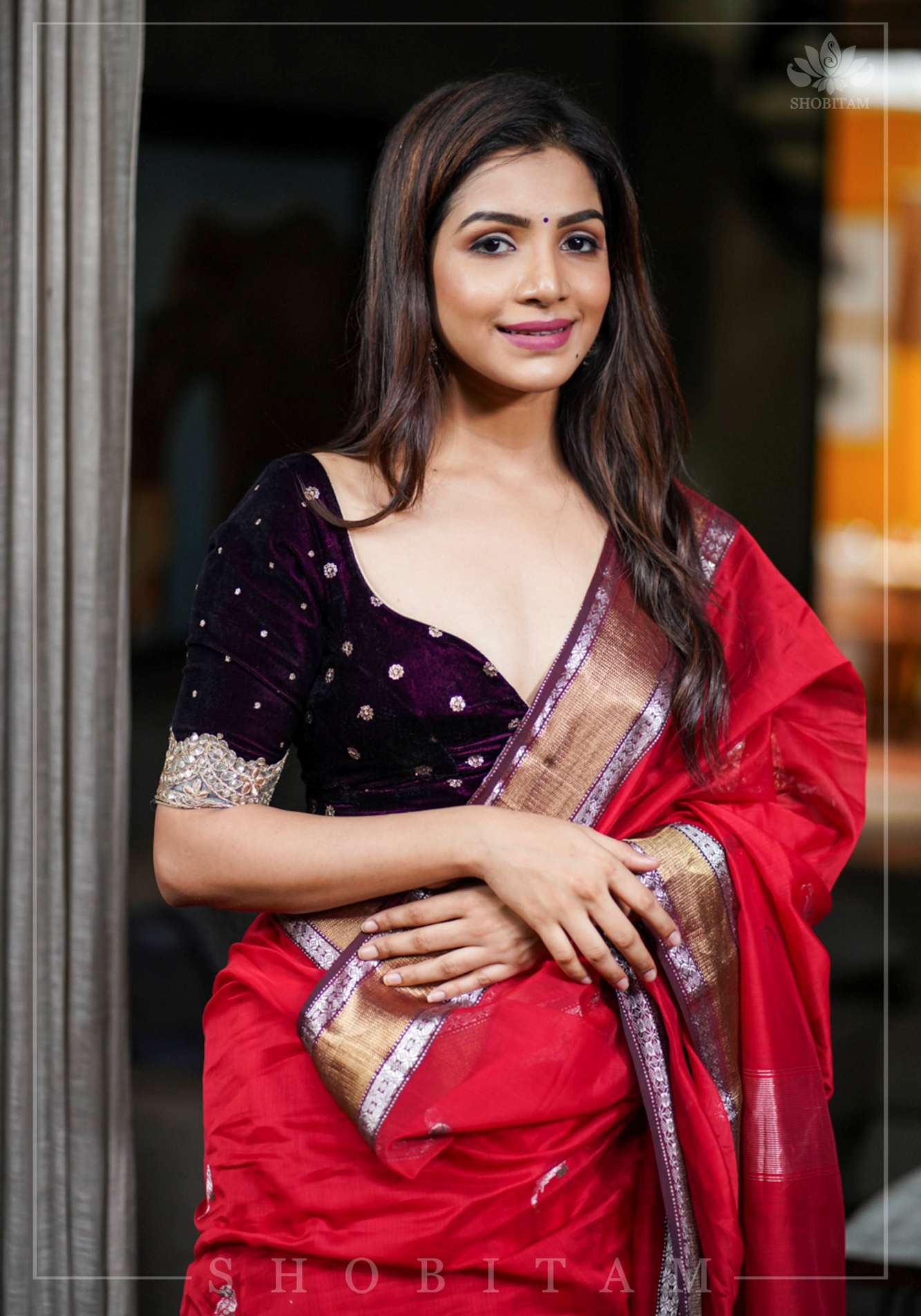 Burgundy velvet blouse with two size buttas, gotta detailing and cut dana latkans