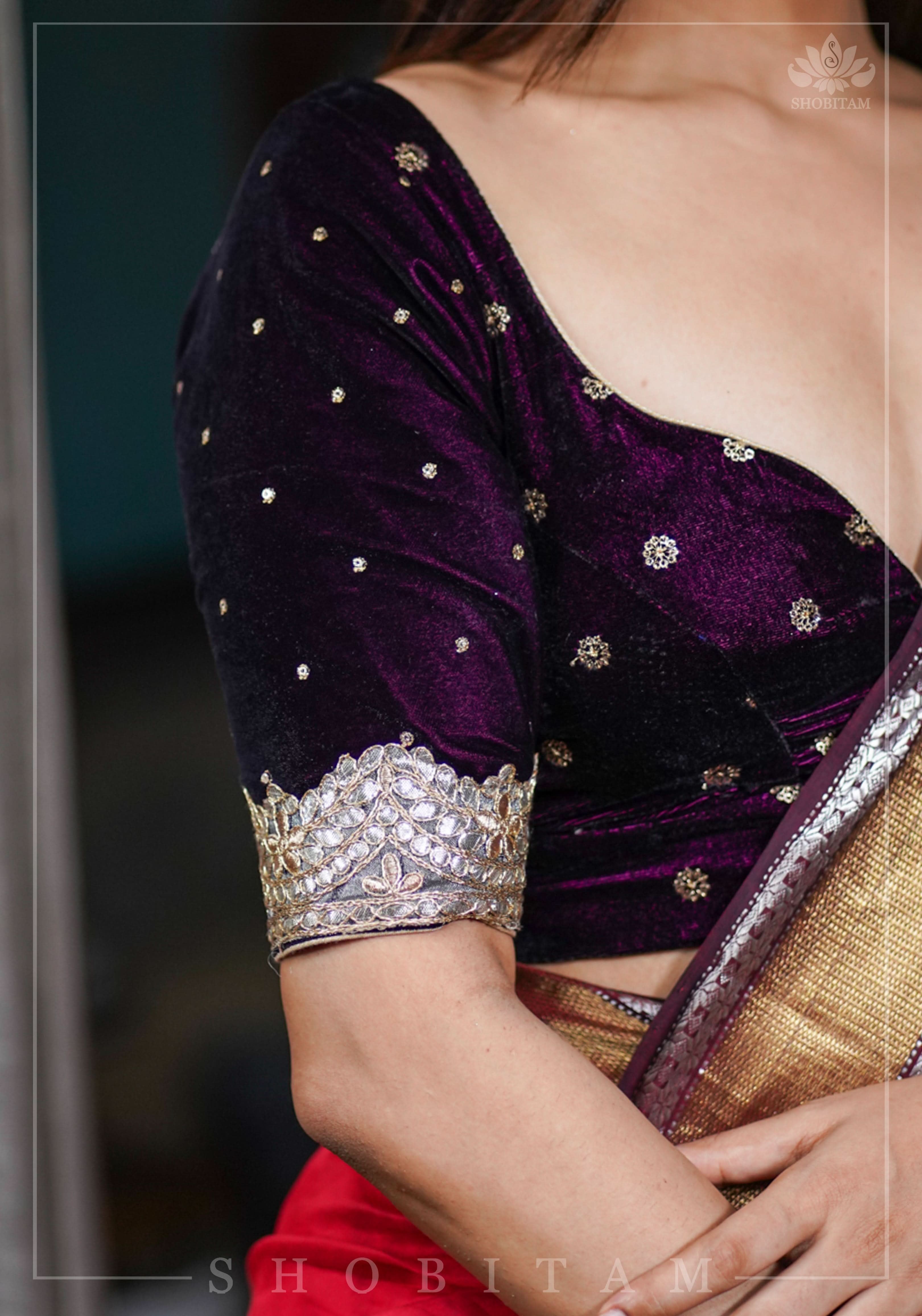 Burgundy velvet blouse with two size buttas, gotta detailing and cut dana latkans | Shobitam