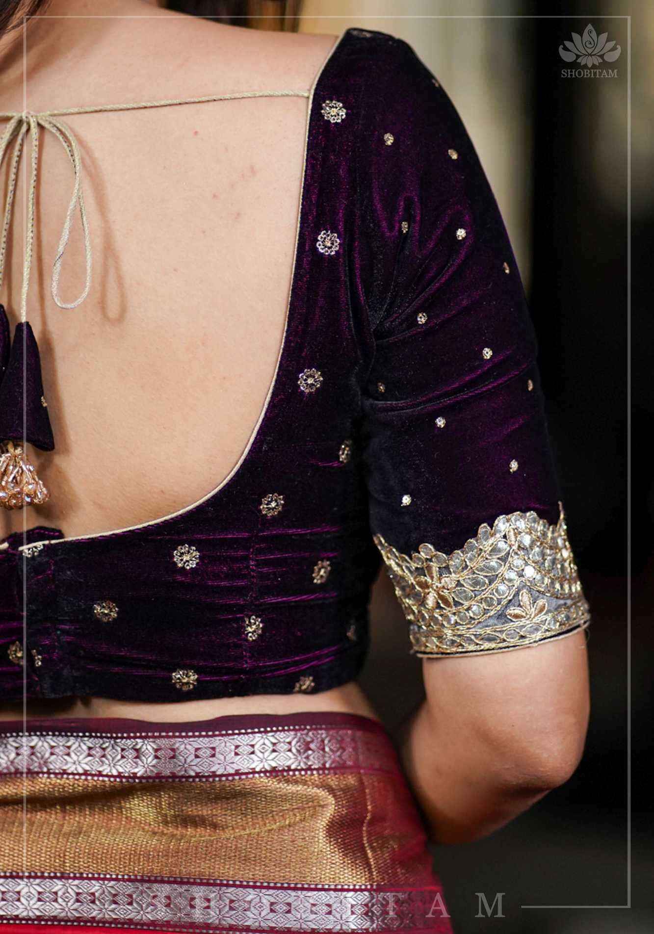 Burgundy velvet blouse with two size buttas, gotta detailing and cut dana latkans