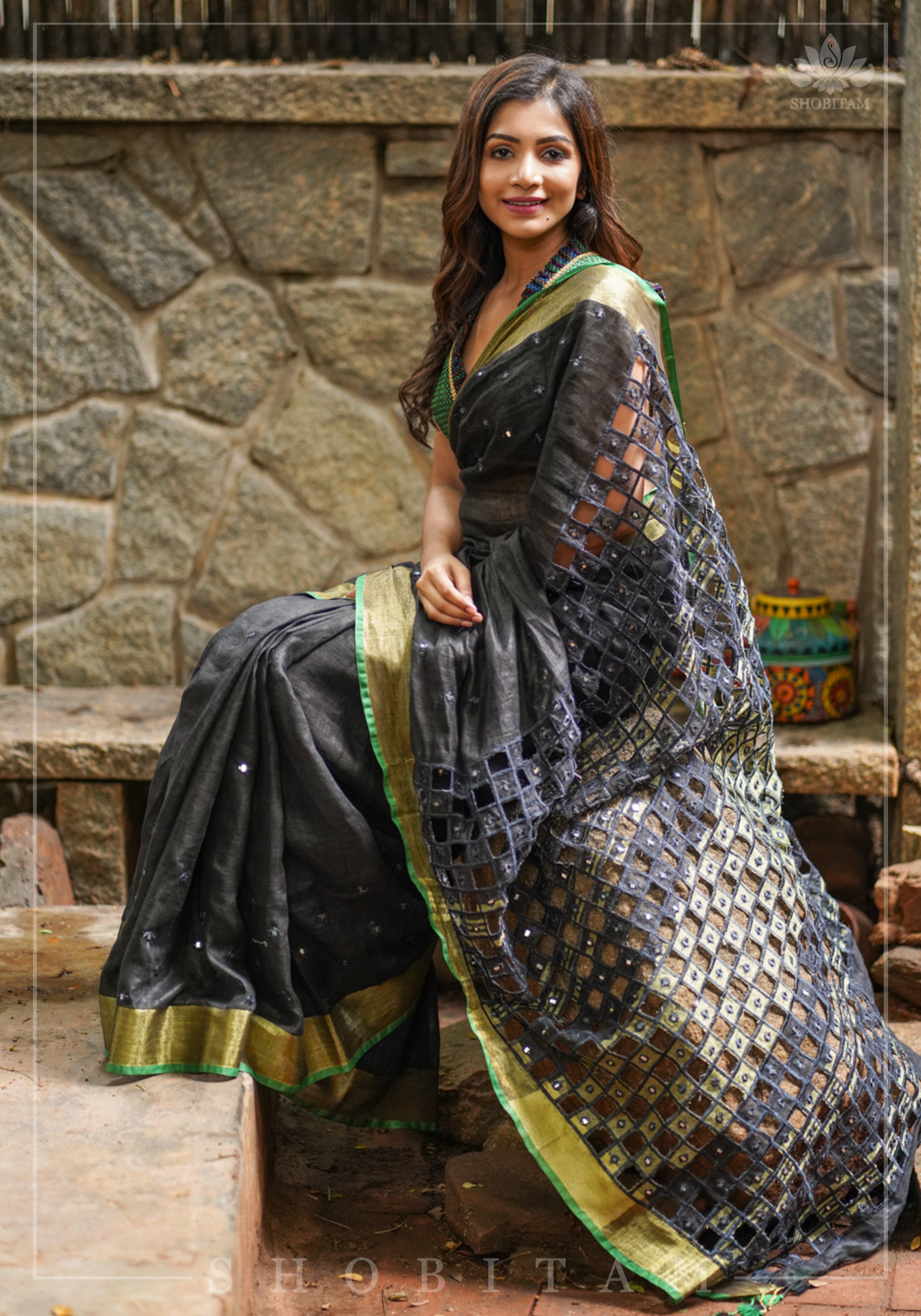 Cutwork Linen Saree in Black with Green borders | Shobitam