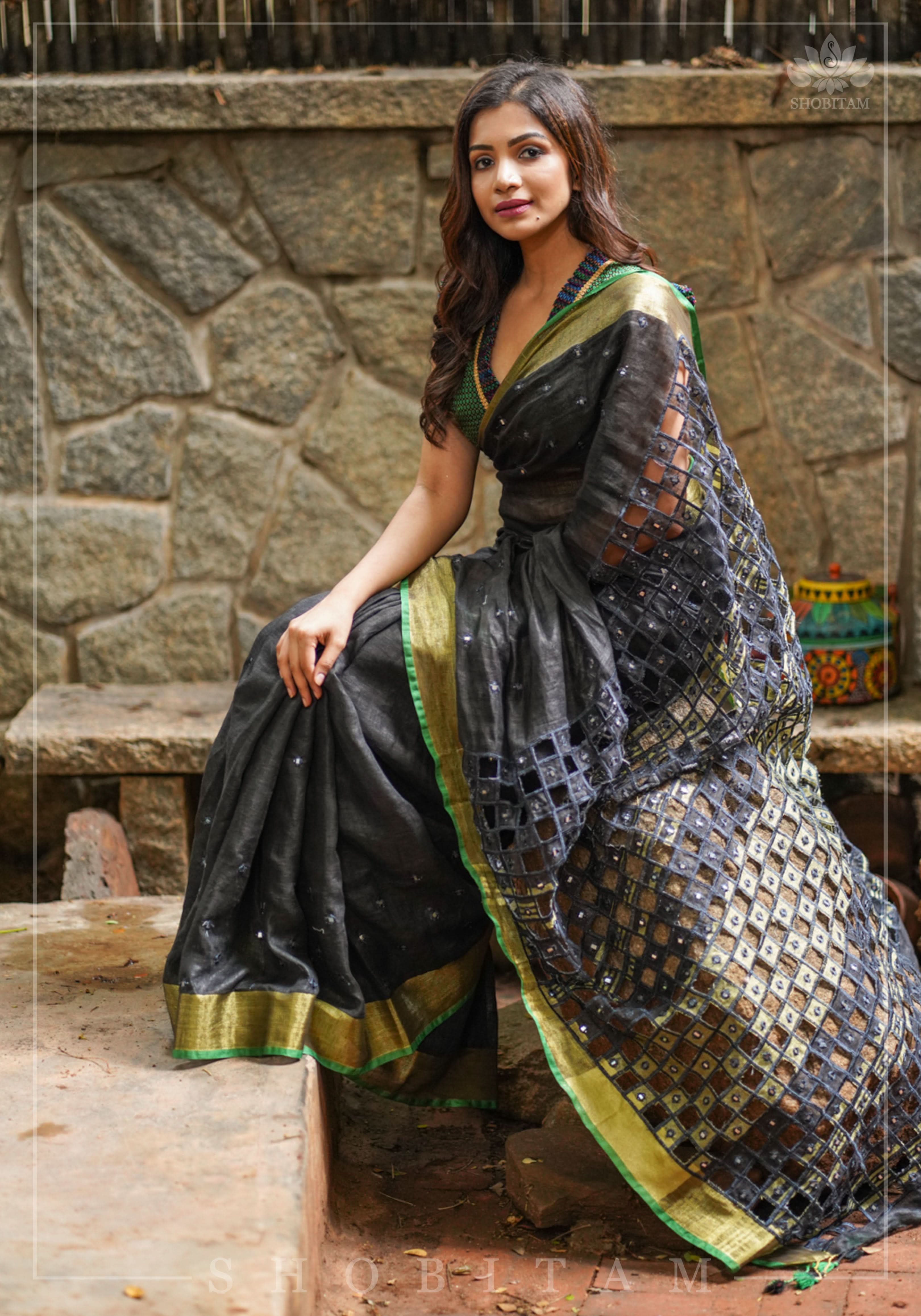 Cutwork Linen Saree in Black with Green borders | Shobitam