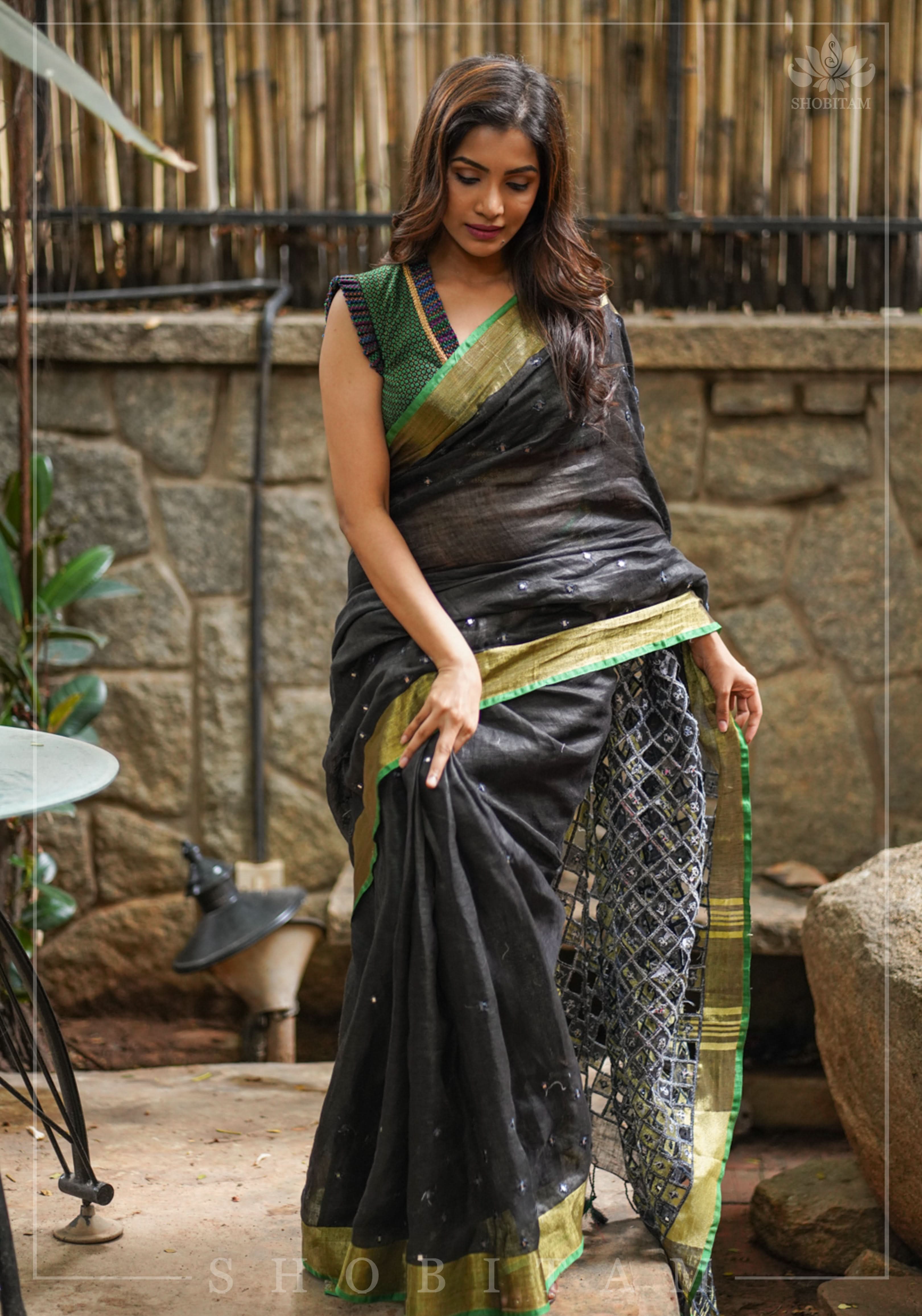 Cutwork Linen Saree in Black with Green borders | Shobitam