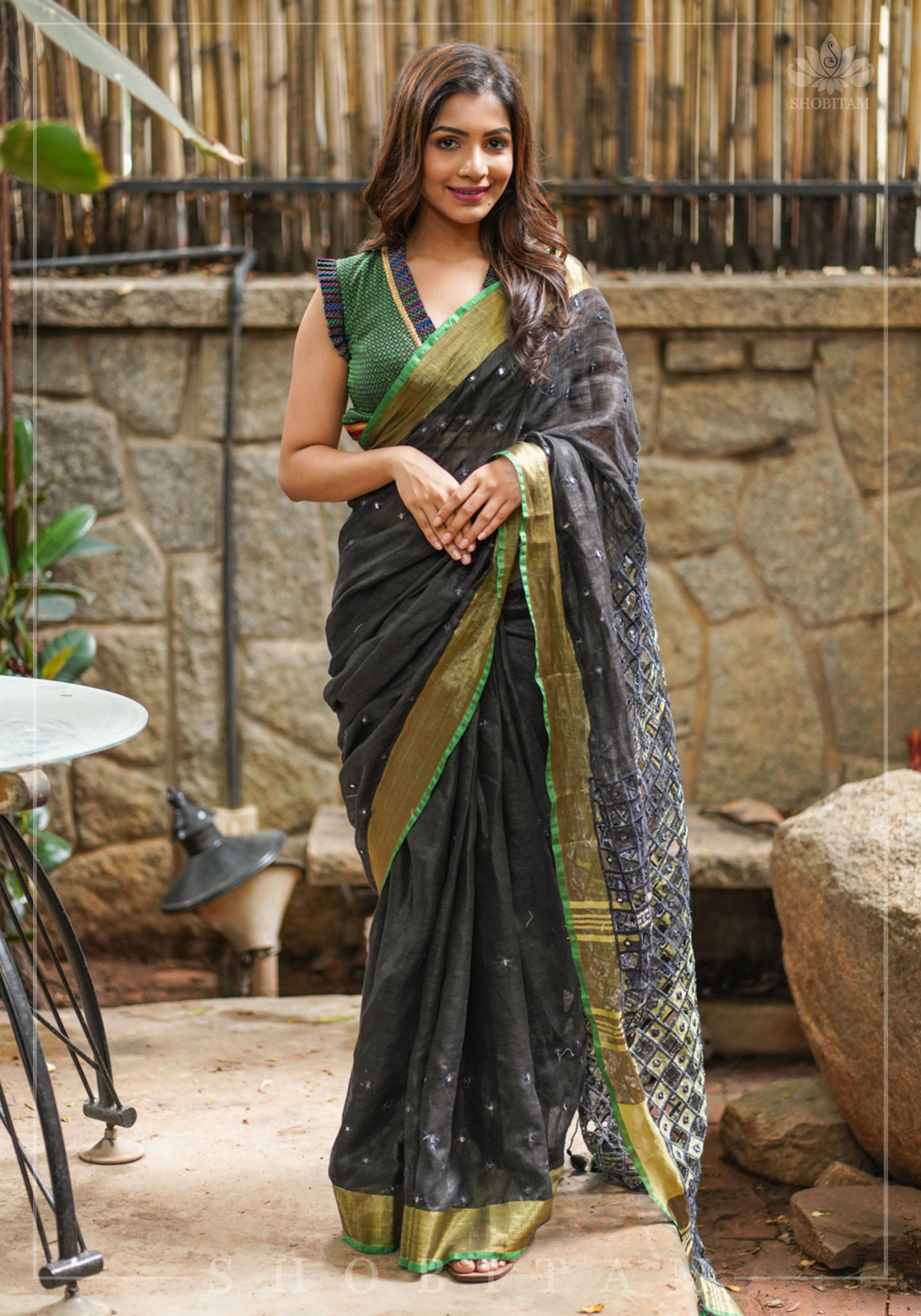 Cutwork Linen Saree in Black with Green borders | Shobitam