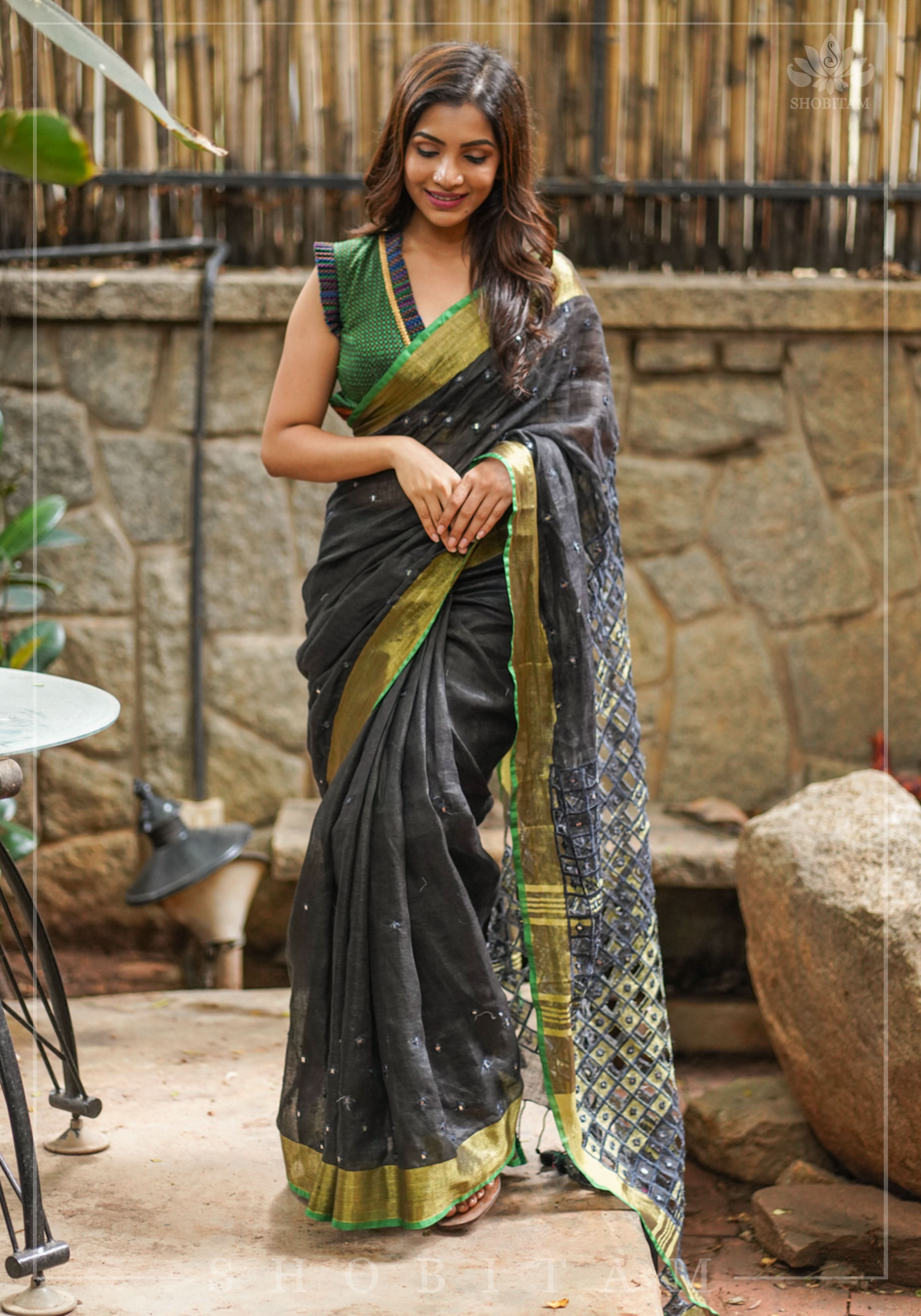 Cutwork Linen Saree in Black with Green borders | Shobitam