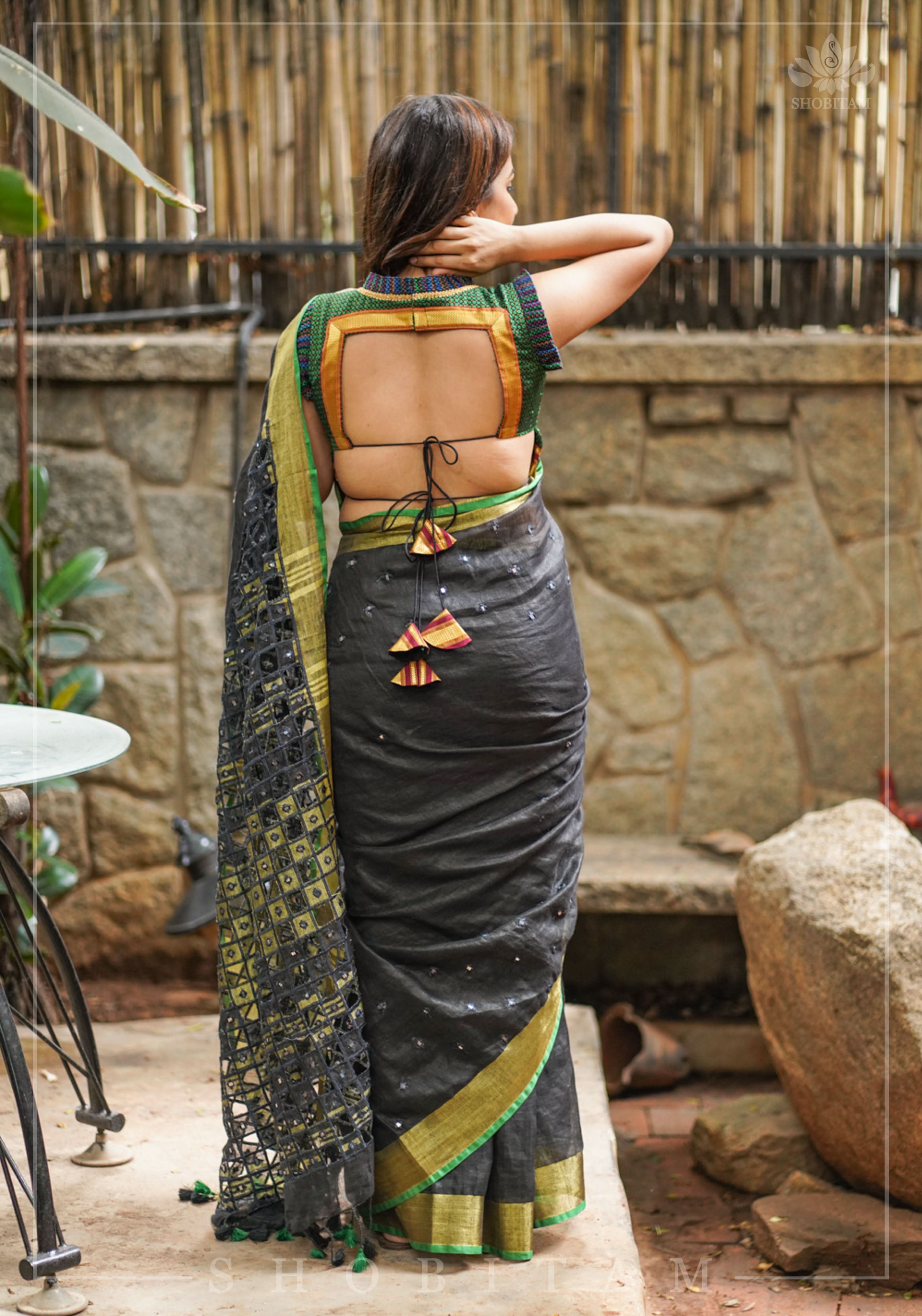 Cutwork Linen Saree in Black with Green borders | Shobitam