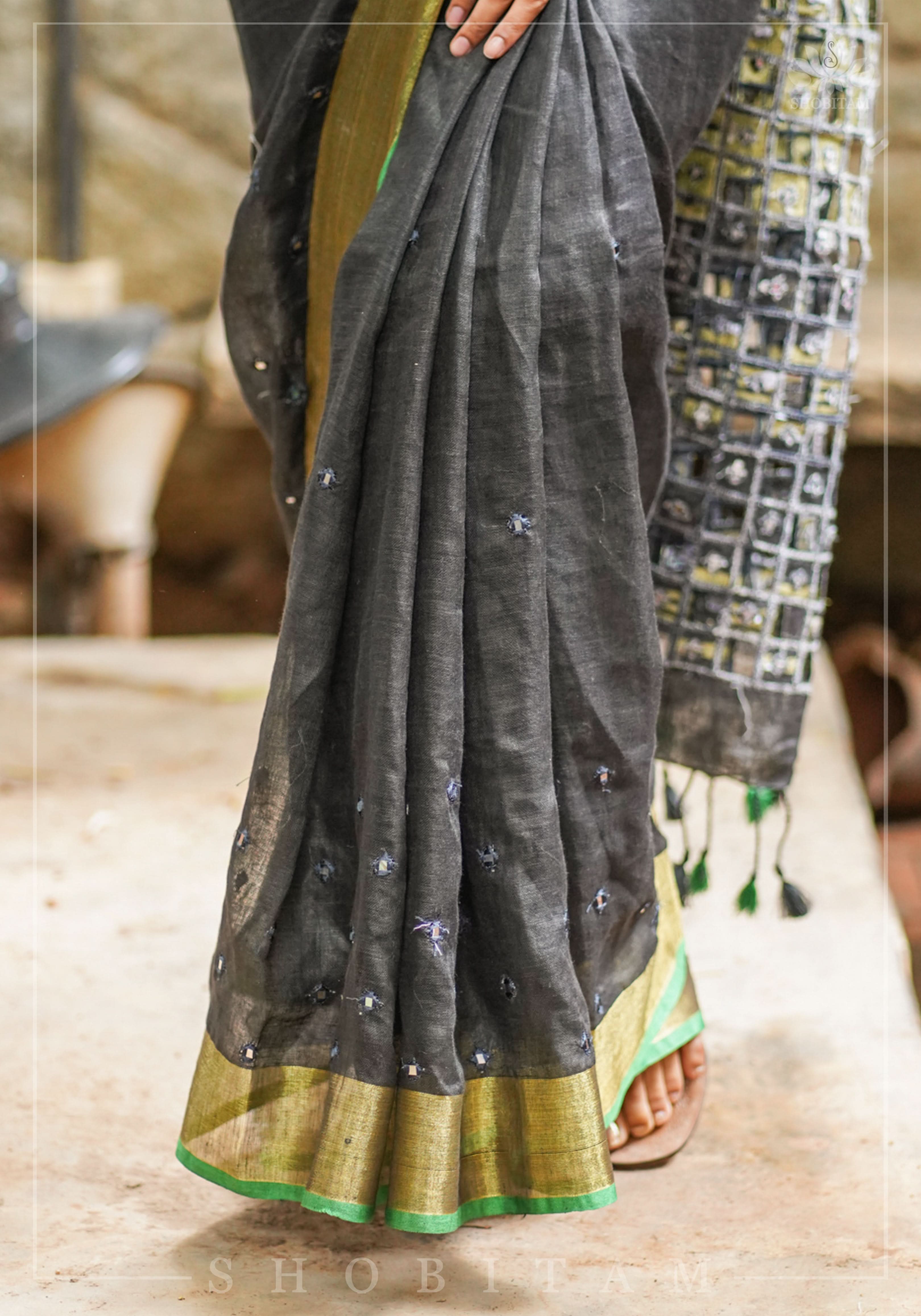 Cutwork Linen Saree in Black with Green borders | Shobitam