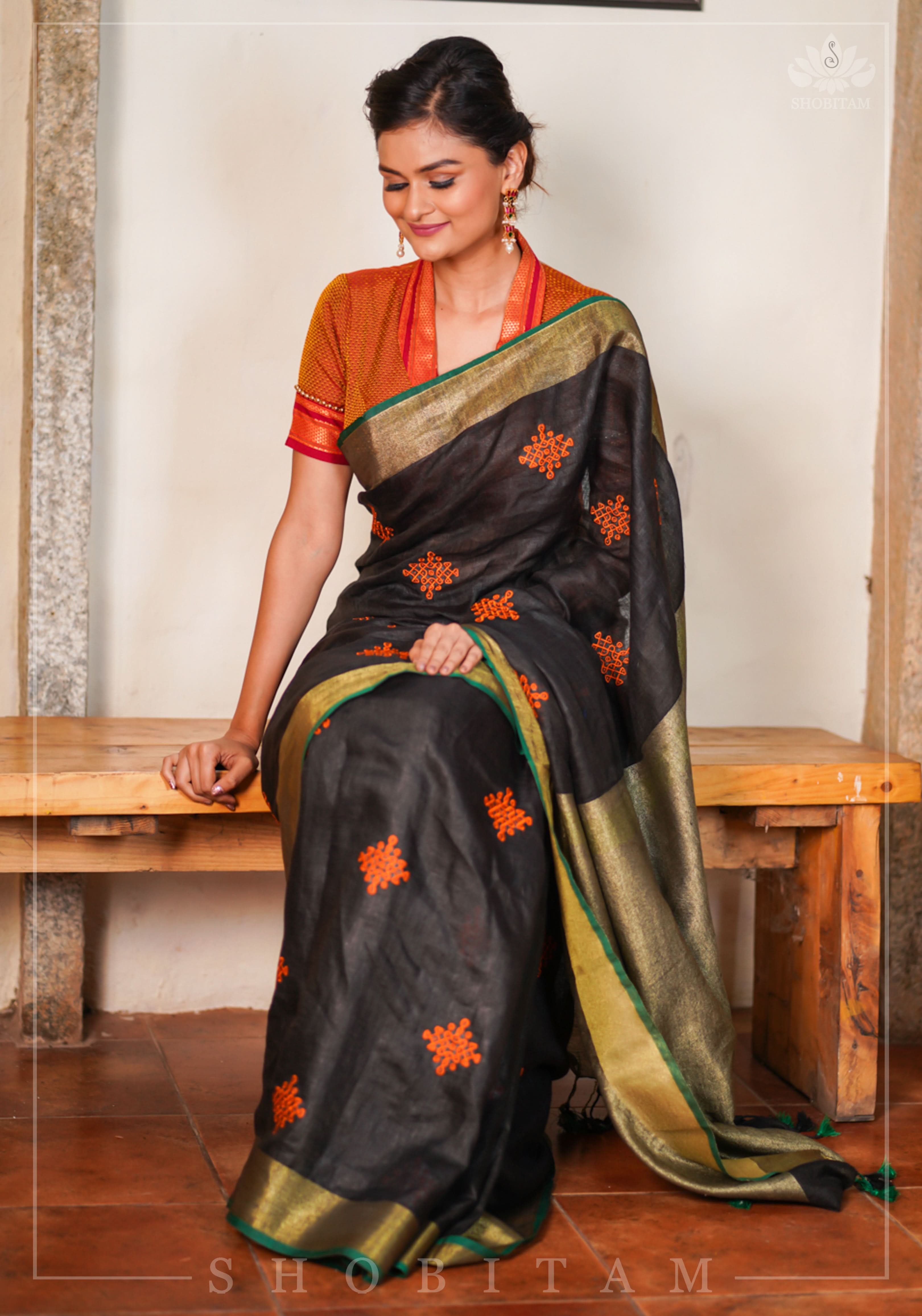 Black Linen by Linen Saree with Vermillion Rangoli Embroidery | Shobitam