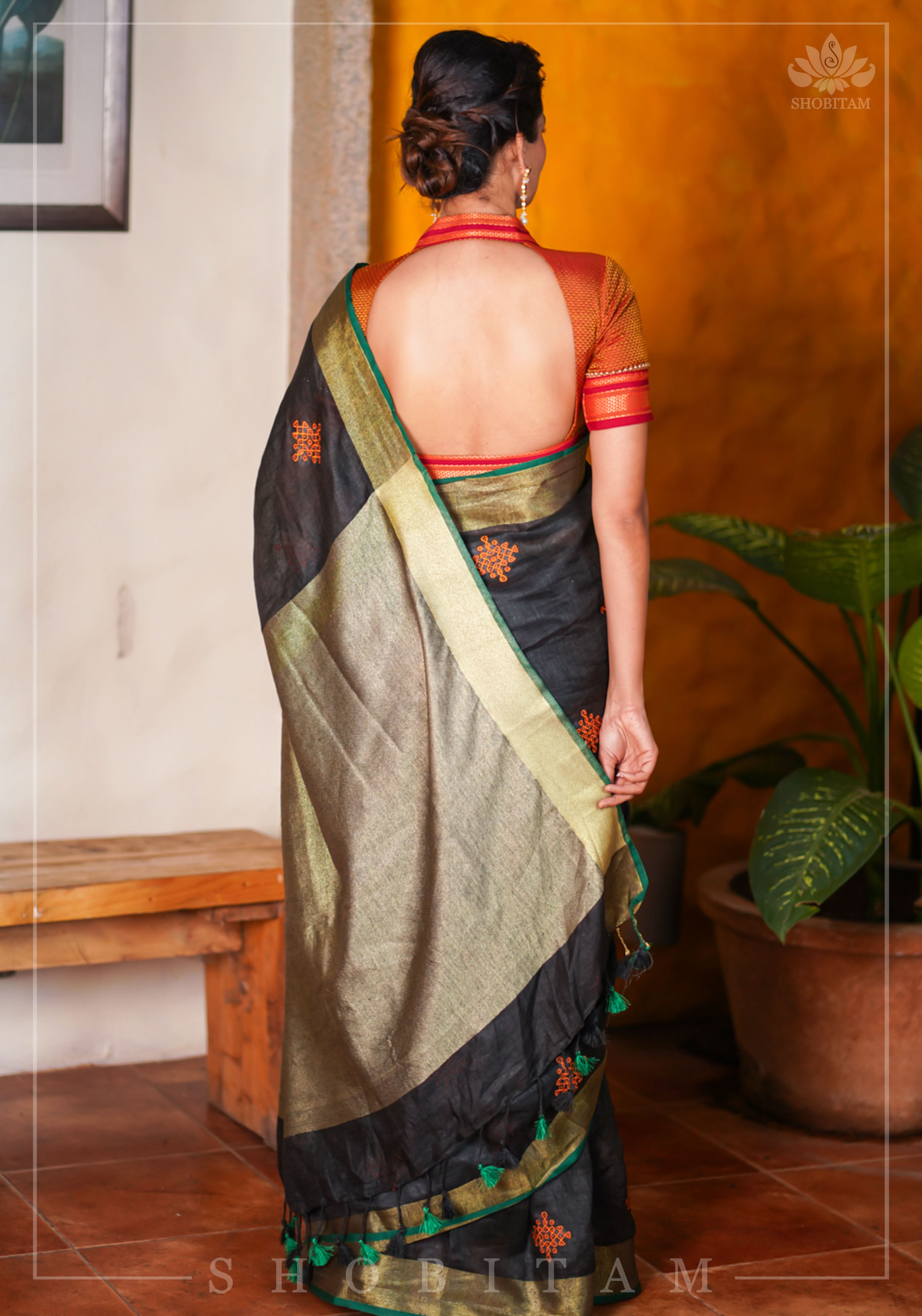 Black Linen by Linen Saree with Vermillion Rangoli Embroidery | Shobitam