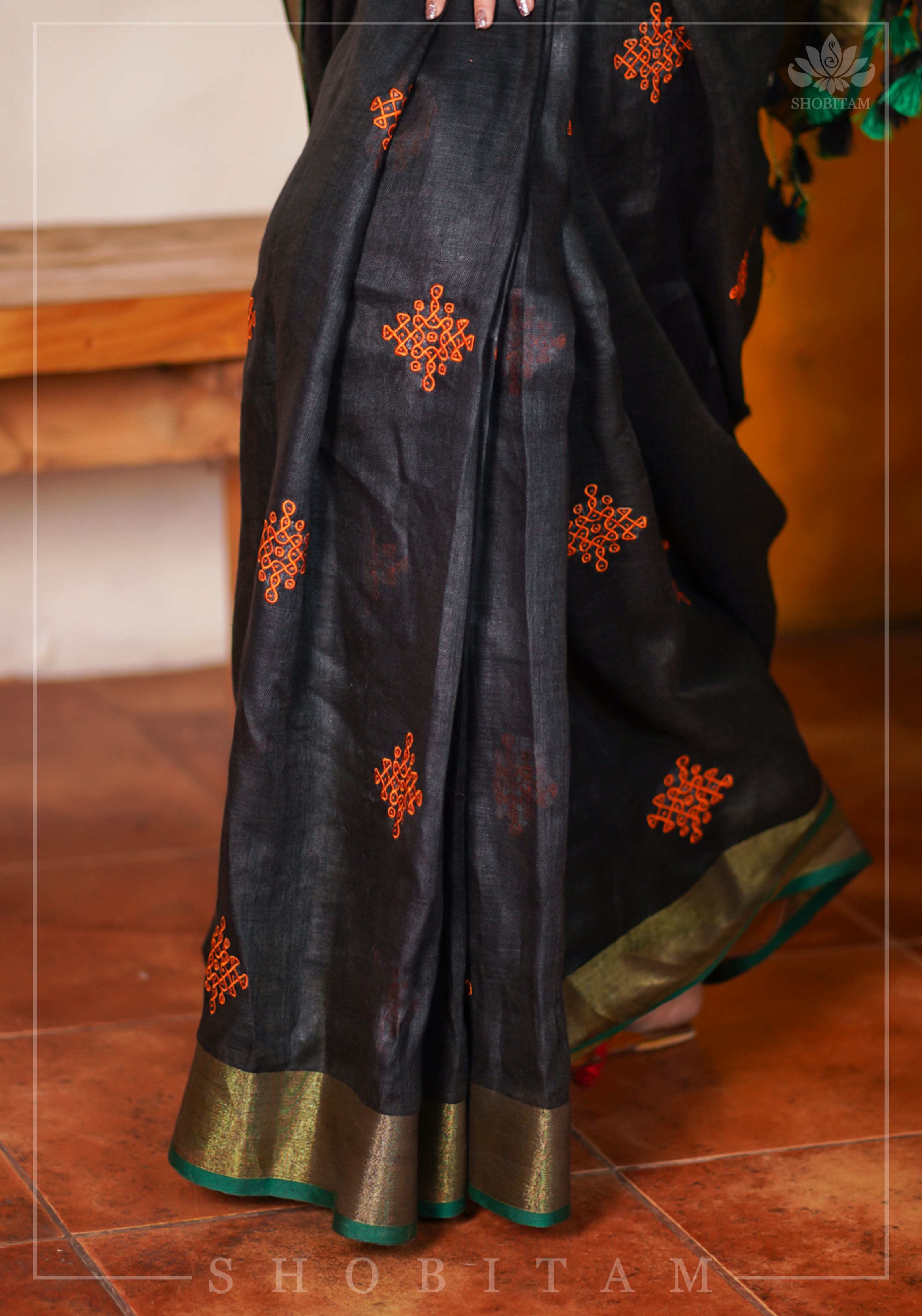 Black Linen by Linen Saree with Vermillion Rangoli Embroidery | Shobitam