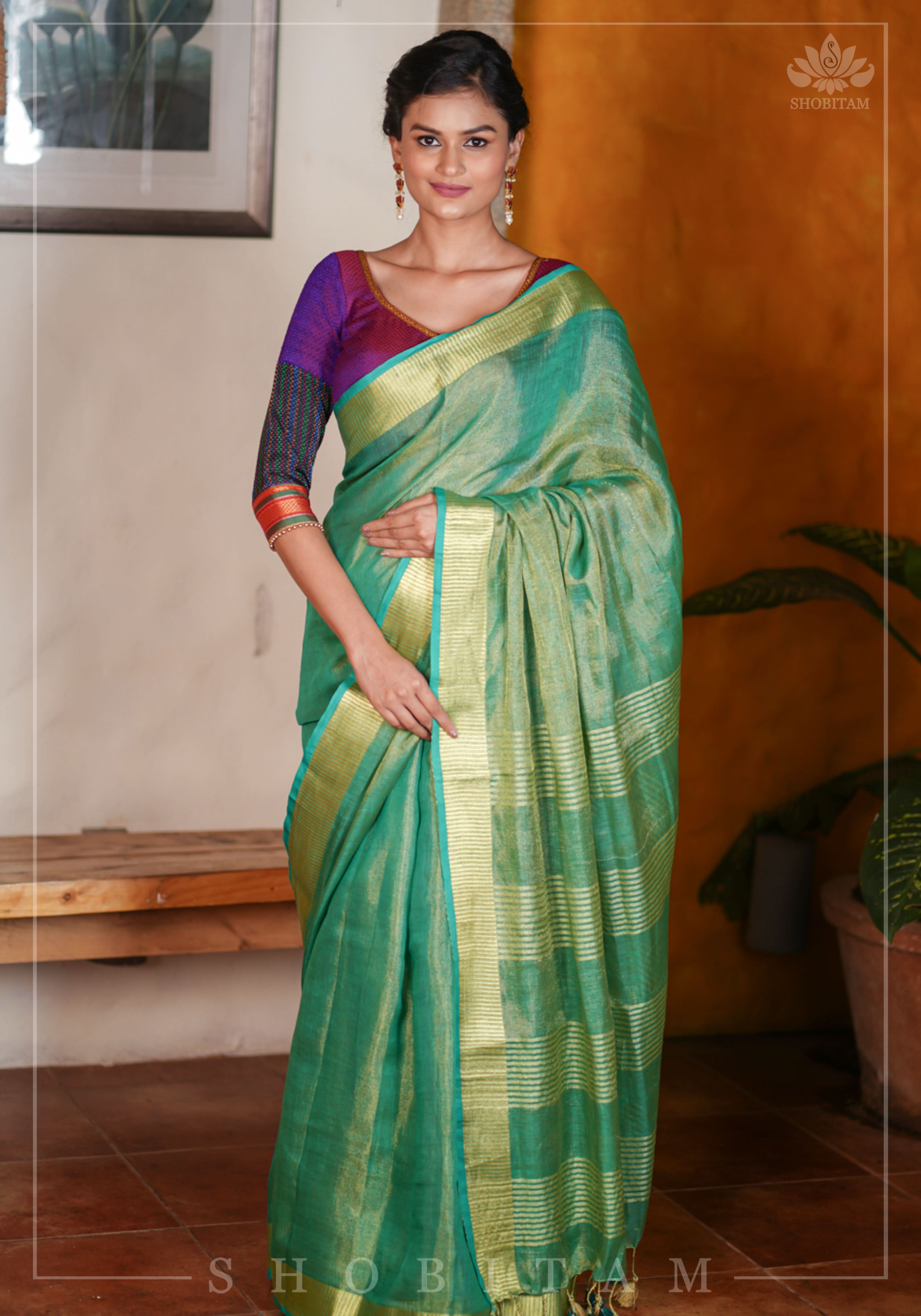 Rama Green and Gold Tissue by Linen Saree | Shobitam