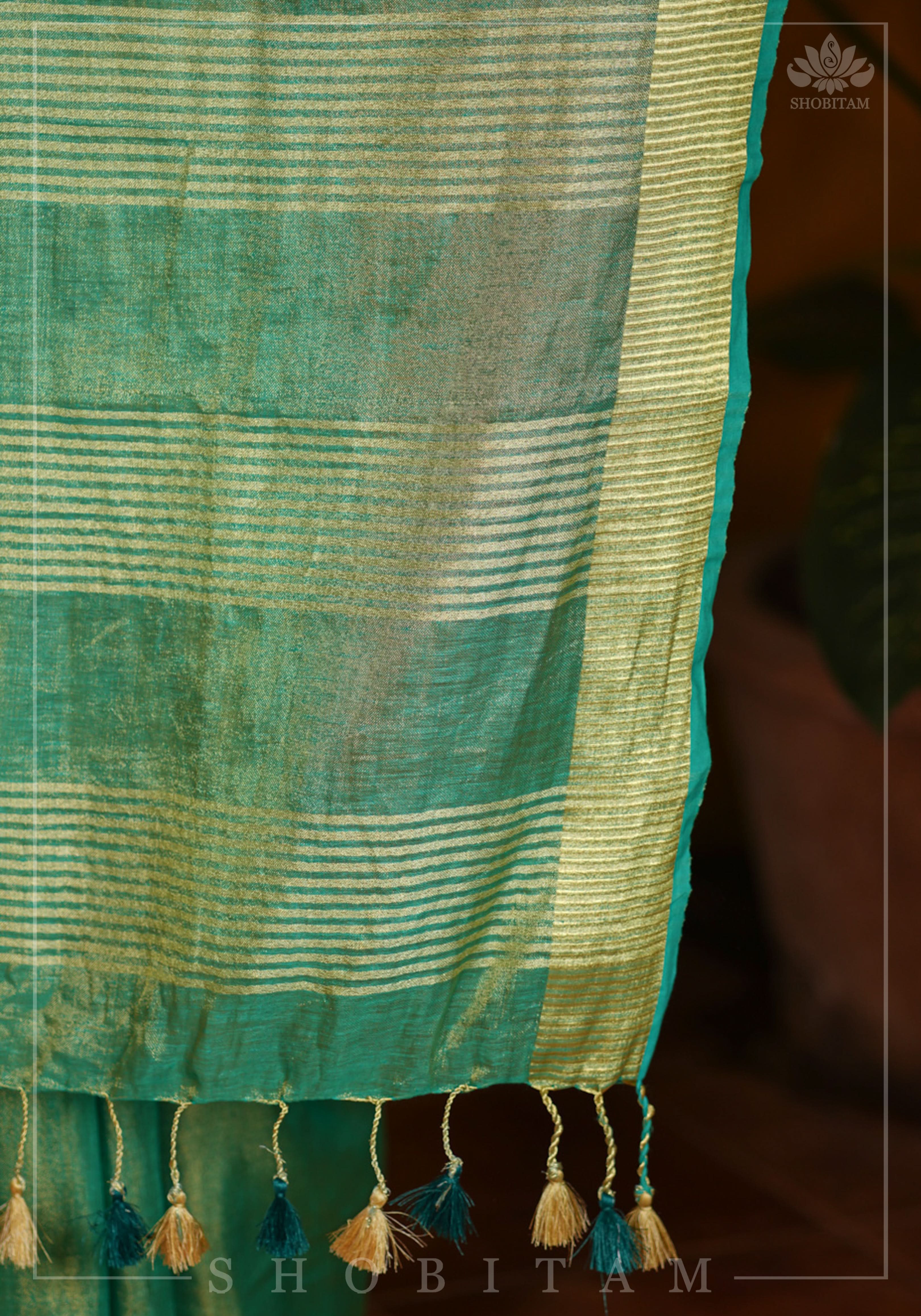 Rama Green and Gold Tissue by Linen Saree | Shobitam