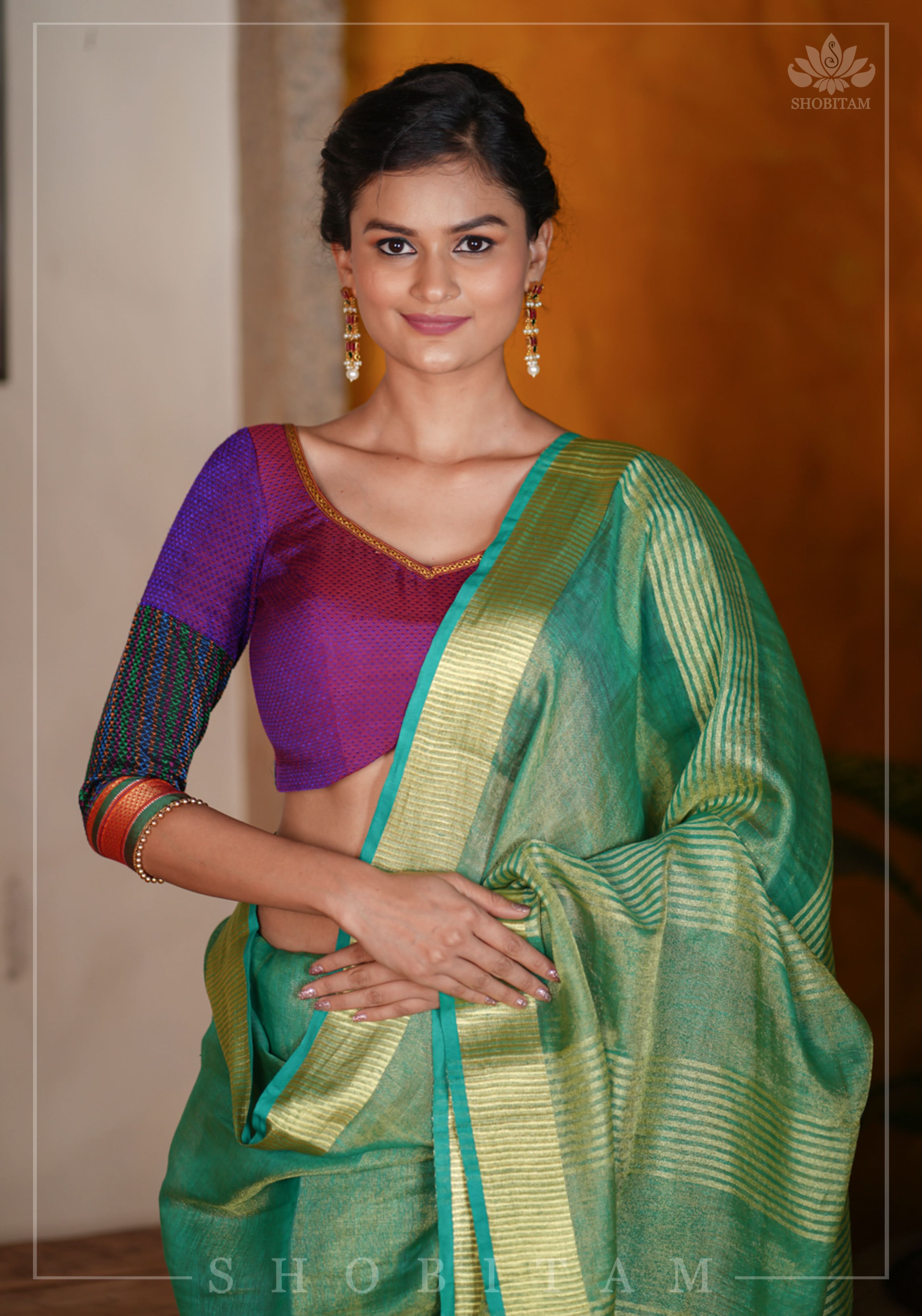 Rama Green and Gold Tissue by Linen Saree | Shobitam