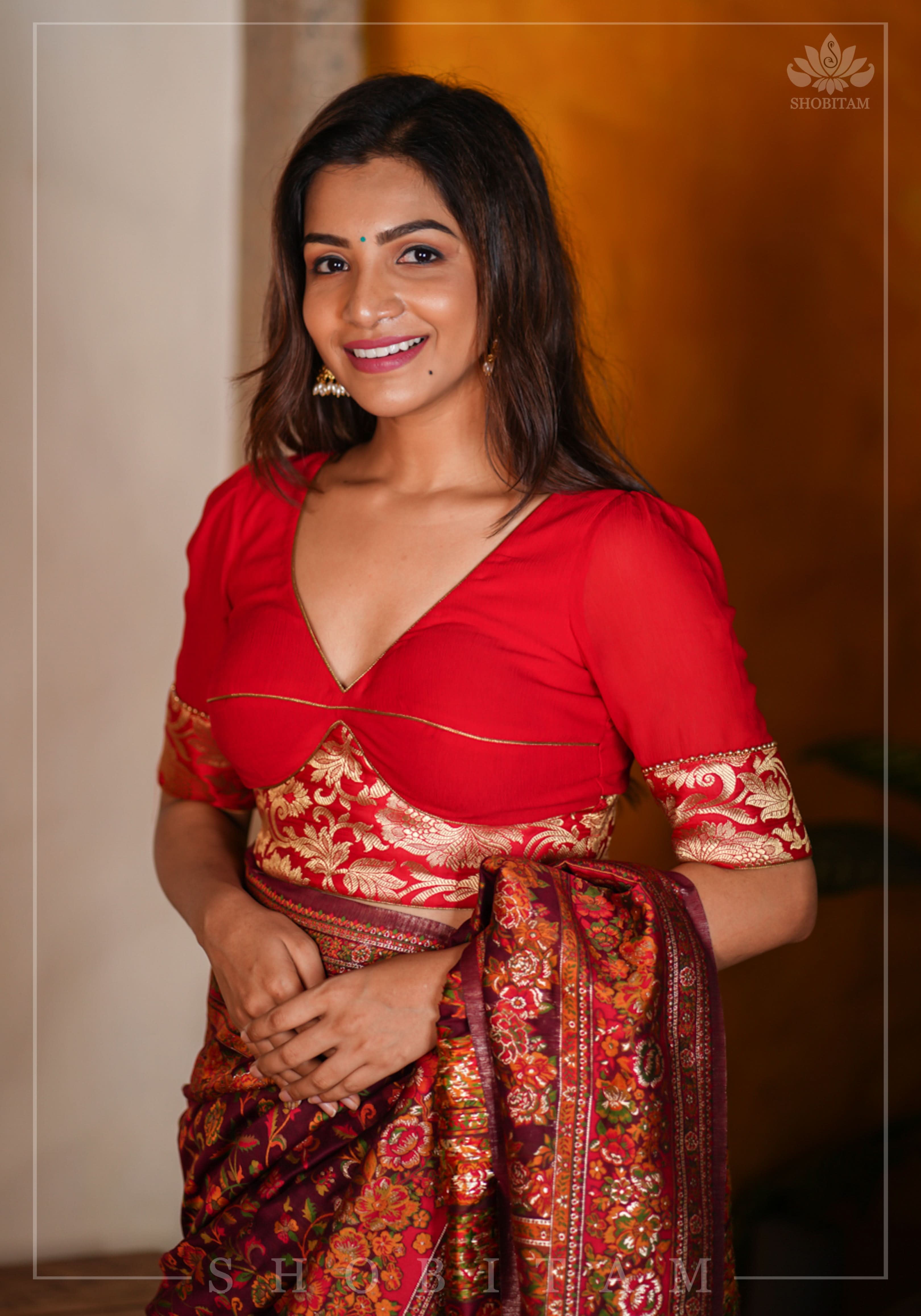Red Chiffon Blouse with Brocade detailing | Shobitam