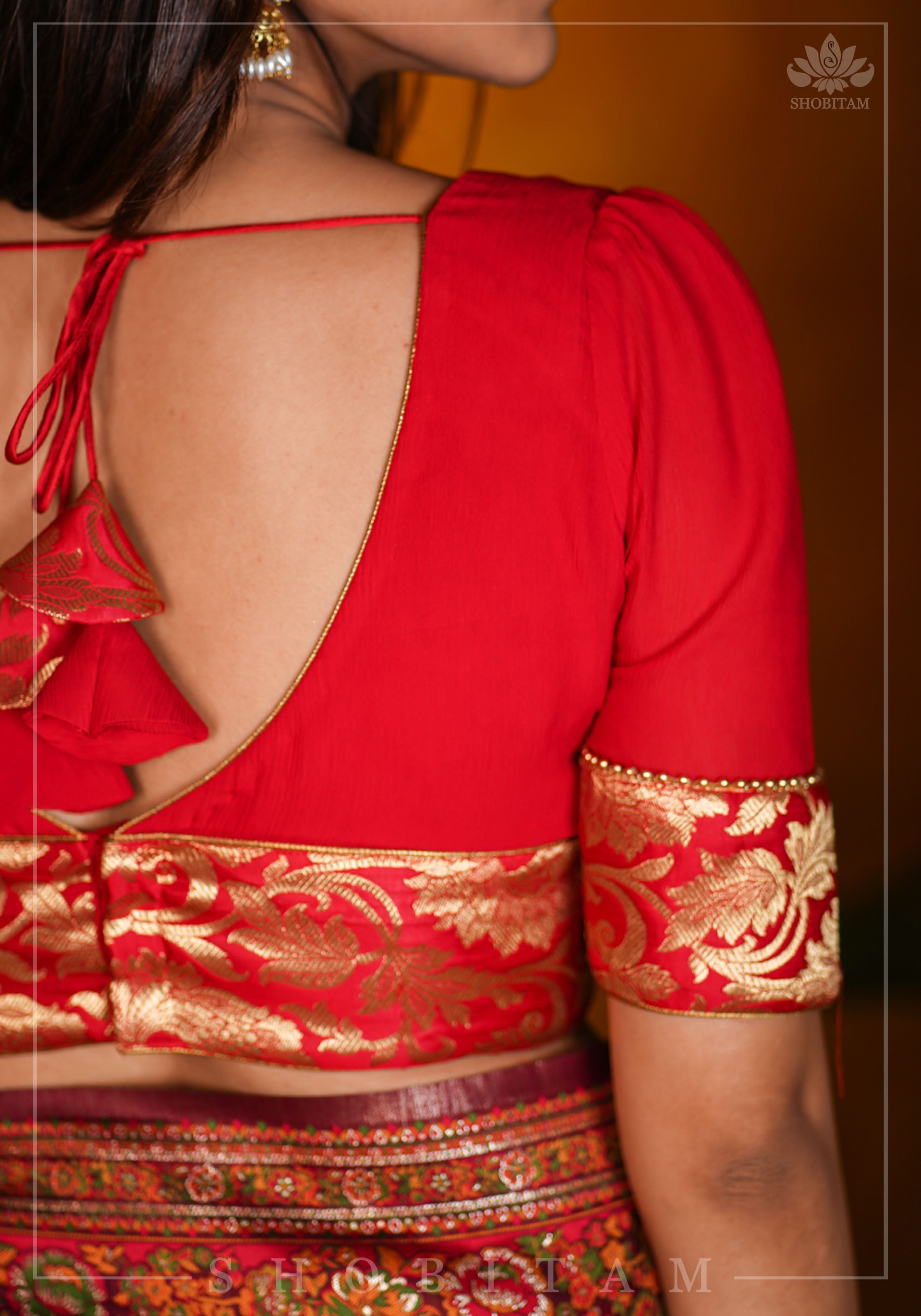 Red Chiffon Blouse with Brocade detailing | Shobitam